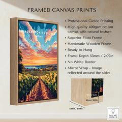 Framed canvas print of Niagara-on-the-Lake vineyard sunset, travel poster art for home decor