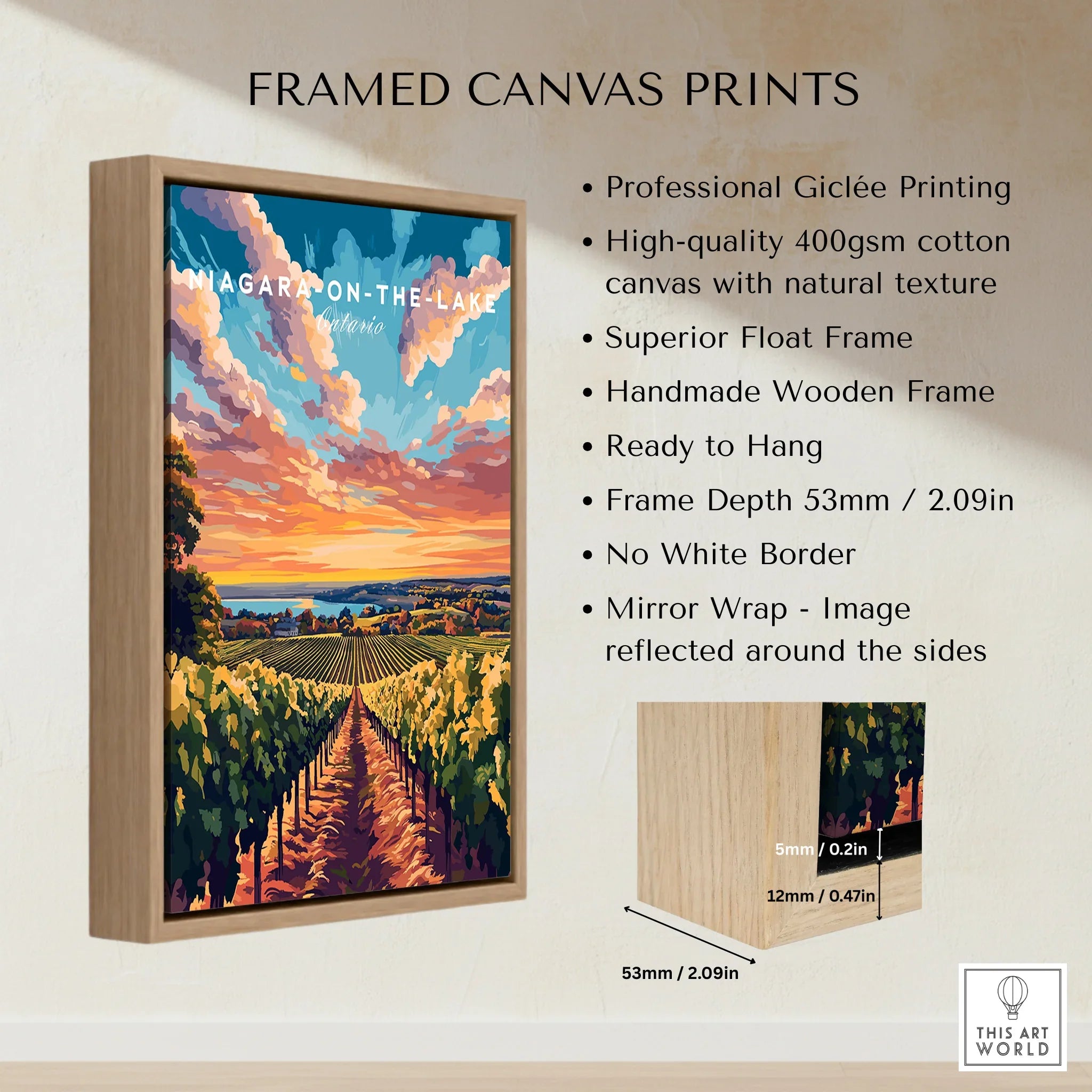 Framed canvas print of Niagara-on-the-Lake vineyard sunset, travel poster art for home decor