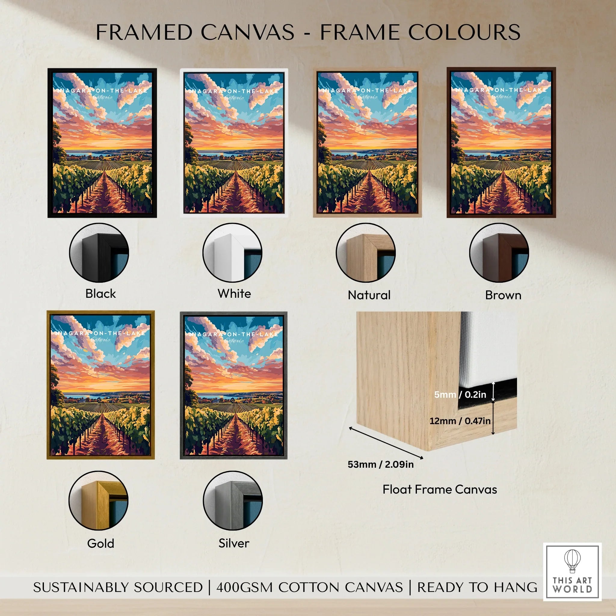 Niagara-on-the-Lake vineyard art print in black, white, natural, brown, gold, silver frames – ready to hang wall decor