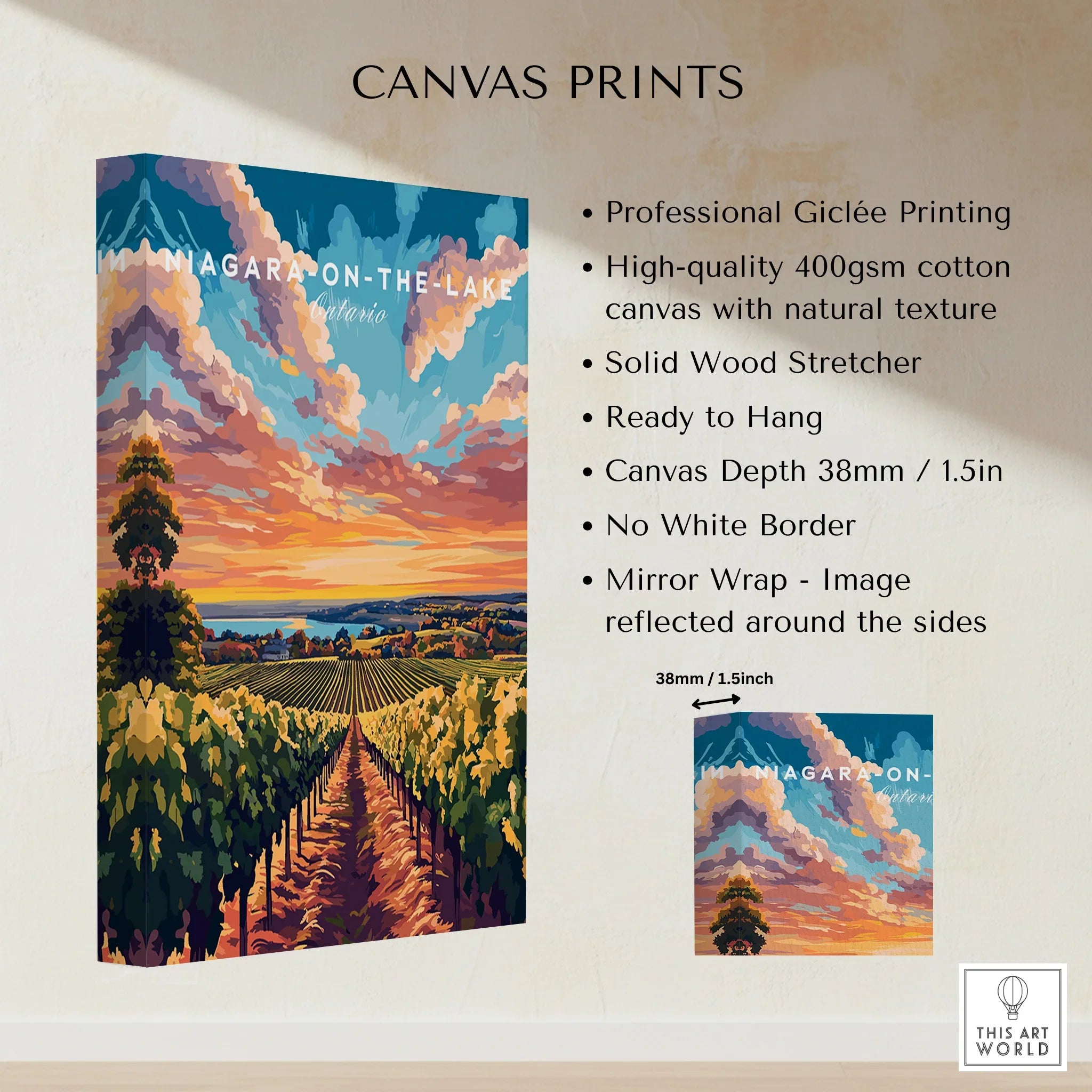 Niagara-on-the-Lake Ontario canvas print with vineyard sunset, travel poster wall art, mirror wrap, ready to hang