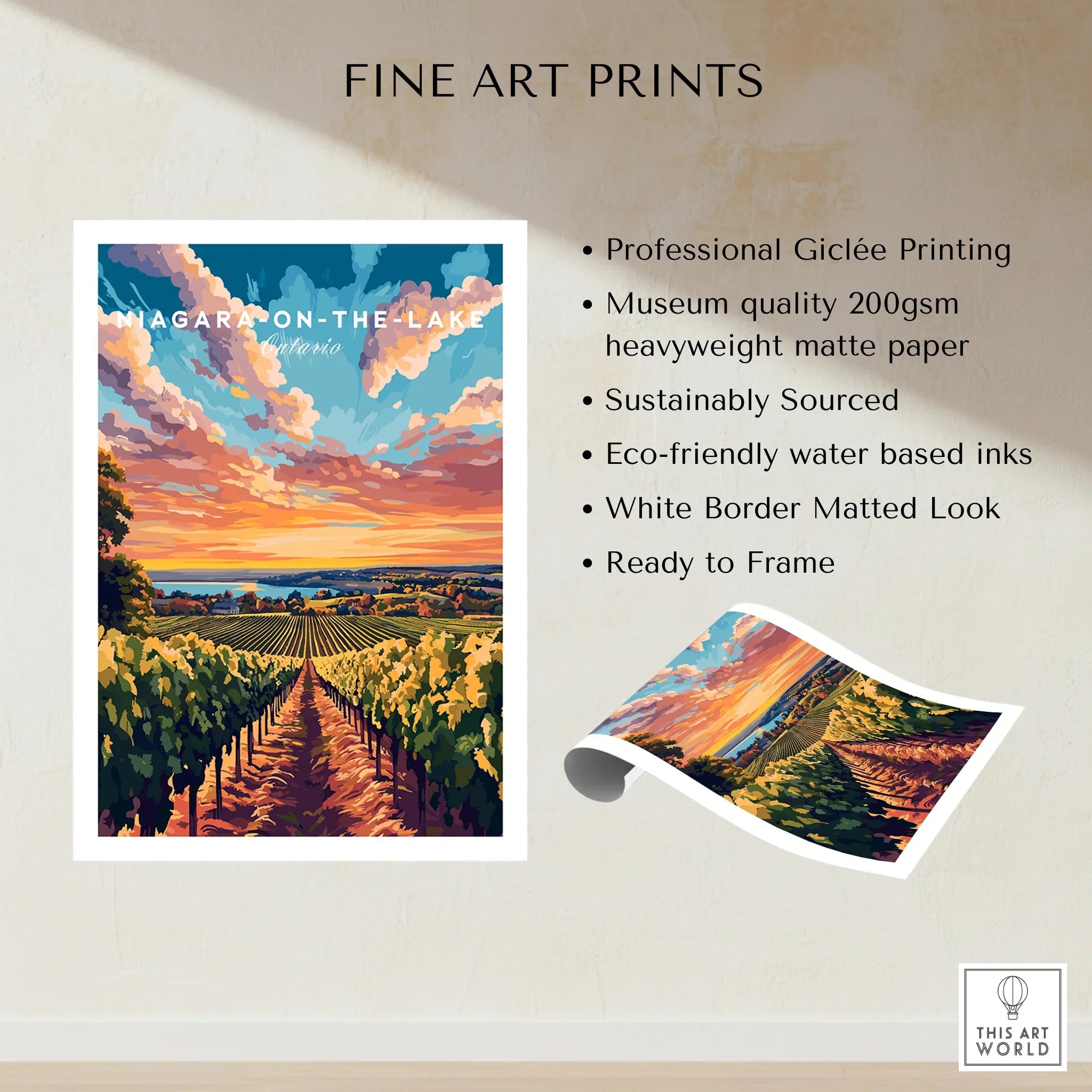 Niagara-on-the-Lake Ontario fine art print with vineyard sunset, ready to frame wall decor