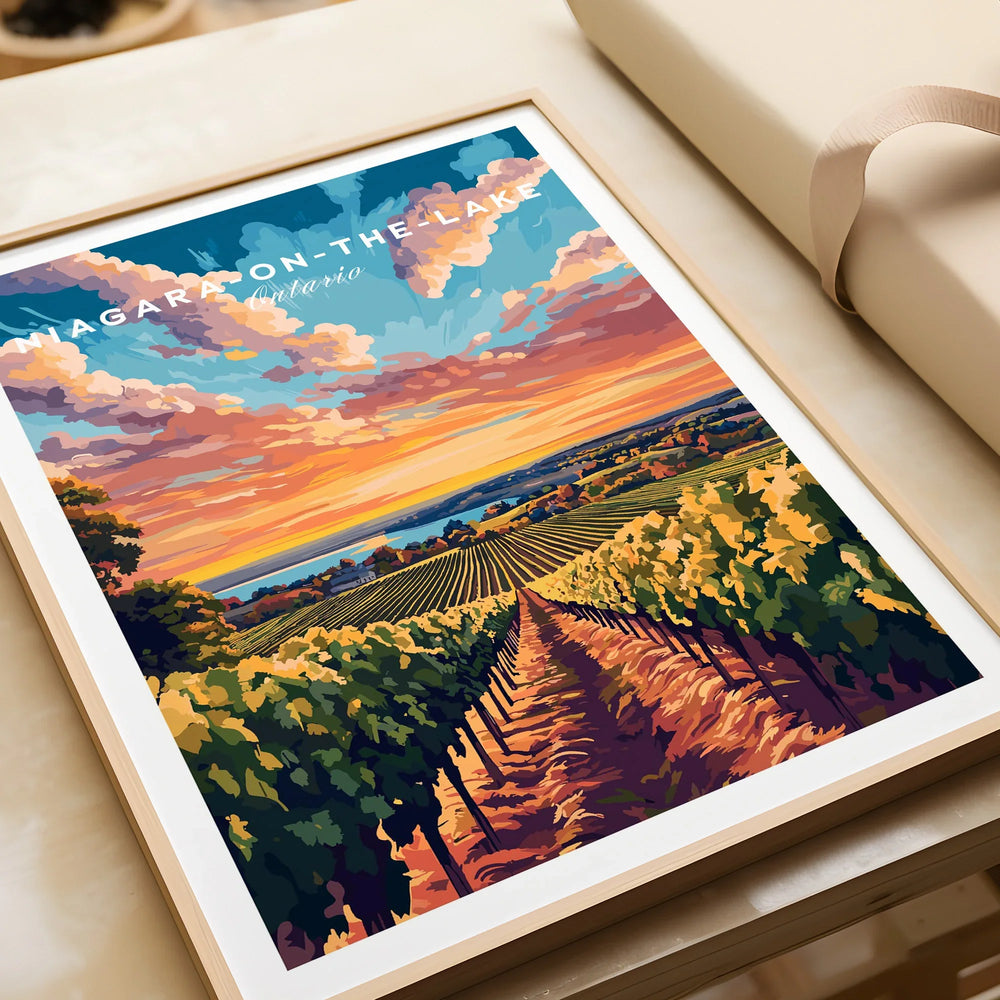 Niagara-on-the-Lake Ontario travel poster with vineyard sunset, framed wall art for home decor
