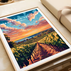 Niagara-on-the-Lake Ontario travel poster with vineyard sunset, framed wall art for home decor
