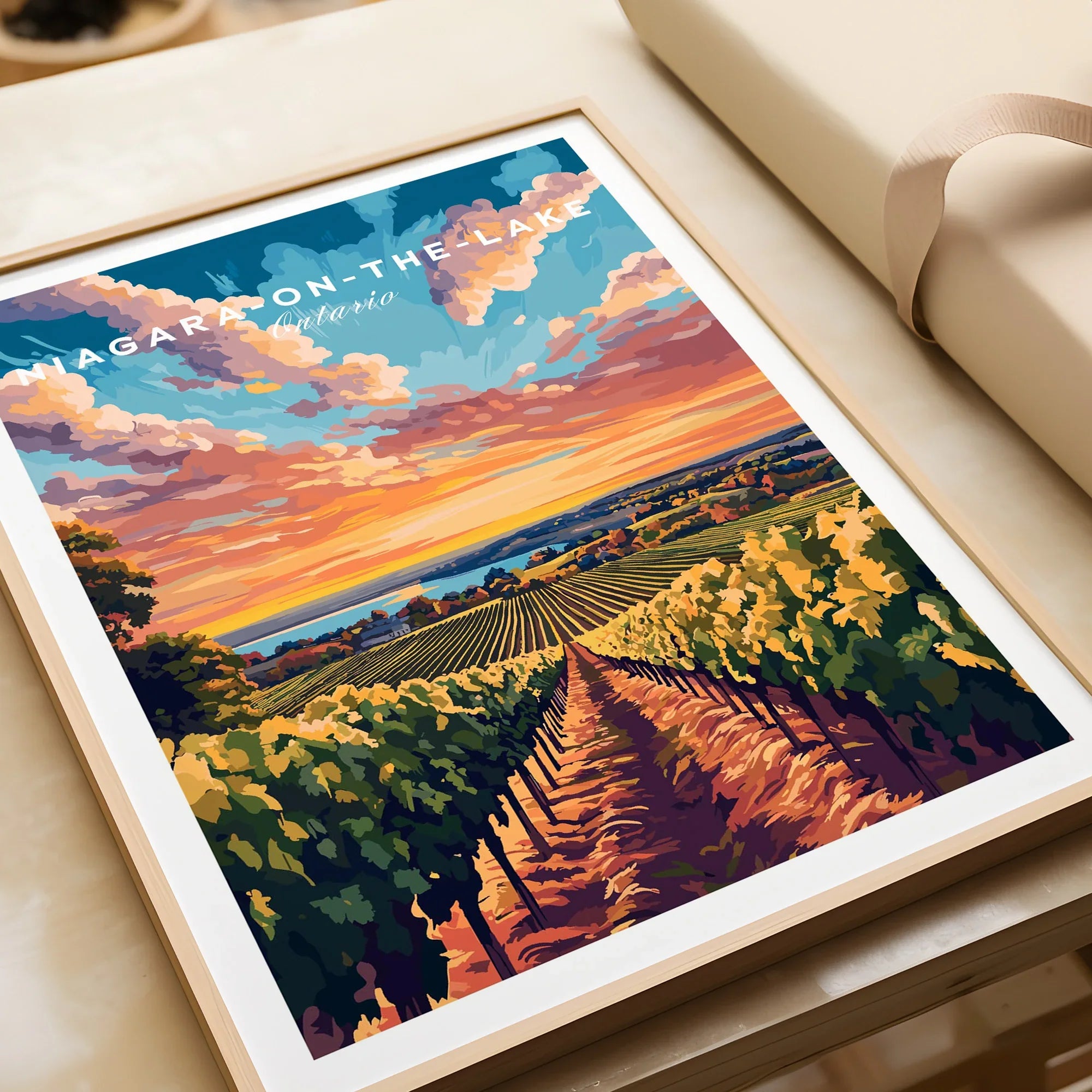 Niagara-on-the-Lake Ontario travel poster with vineyard sunset, framed wall art for home decor