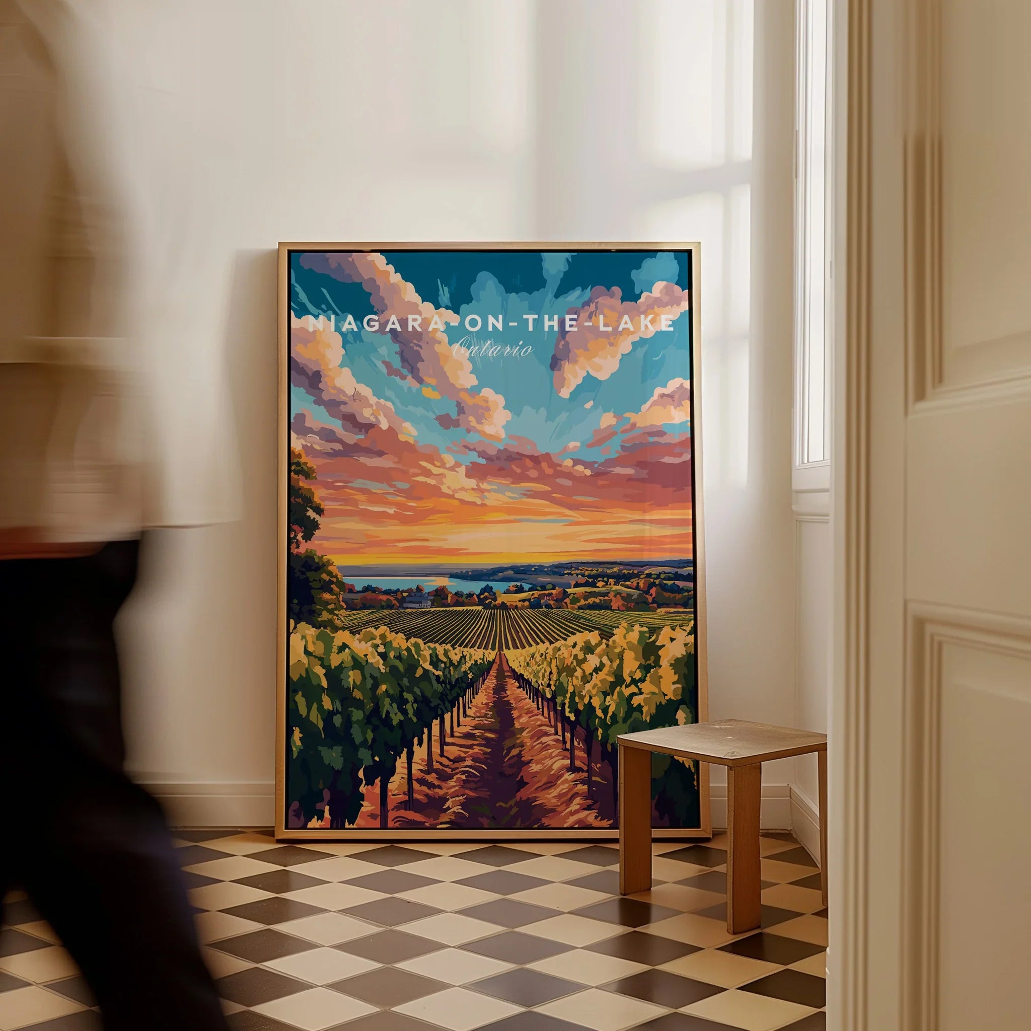 Niagara-on-the-Lake Ontario travel poster with vineyard sunset, perfect wall art for home decor