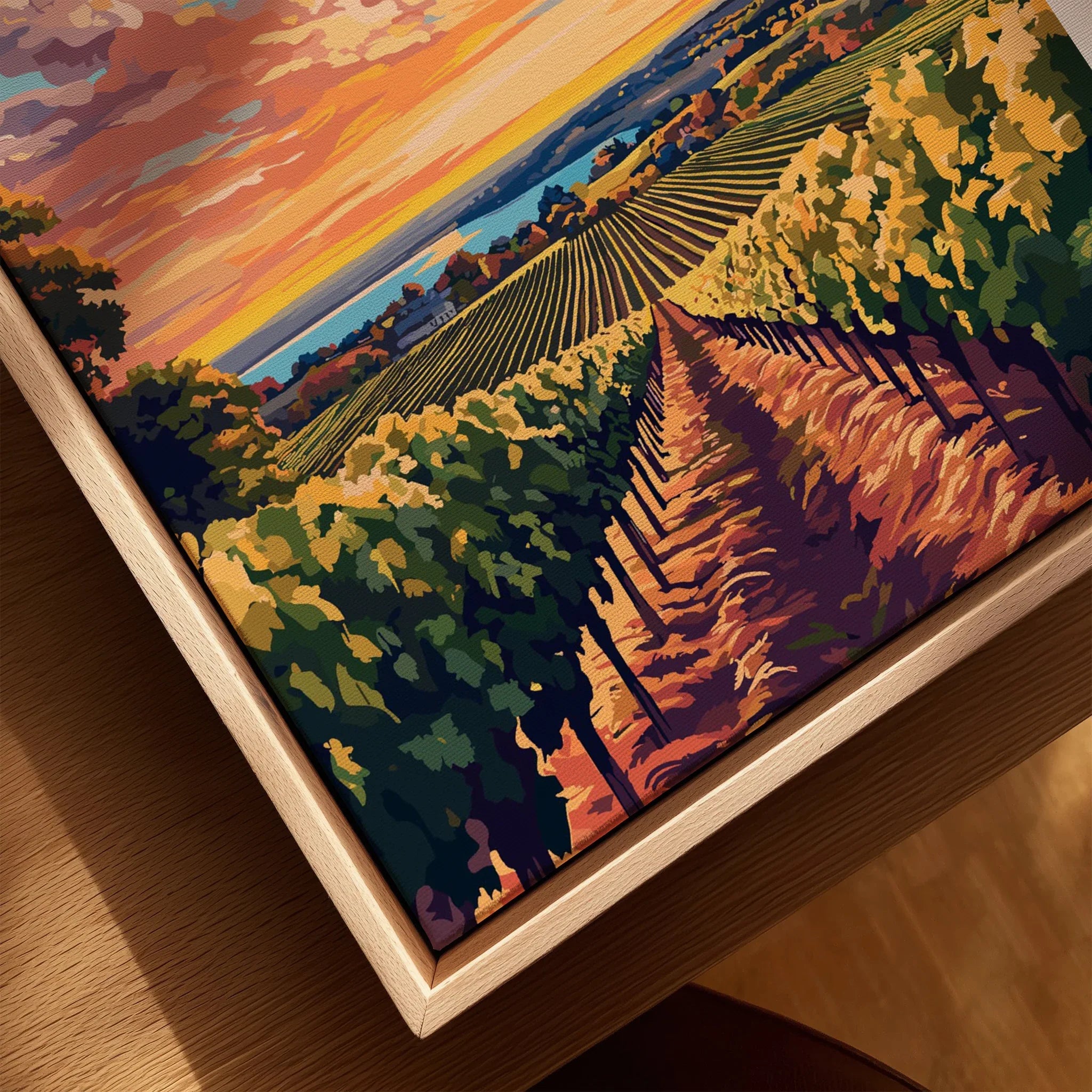 Vineyard sunset wall art print with autumn colors, perfect for home decor