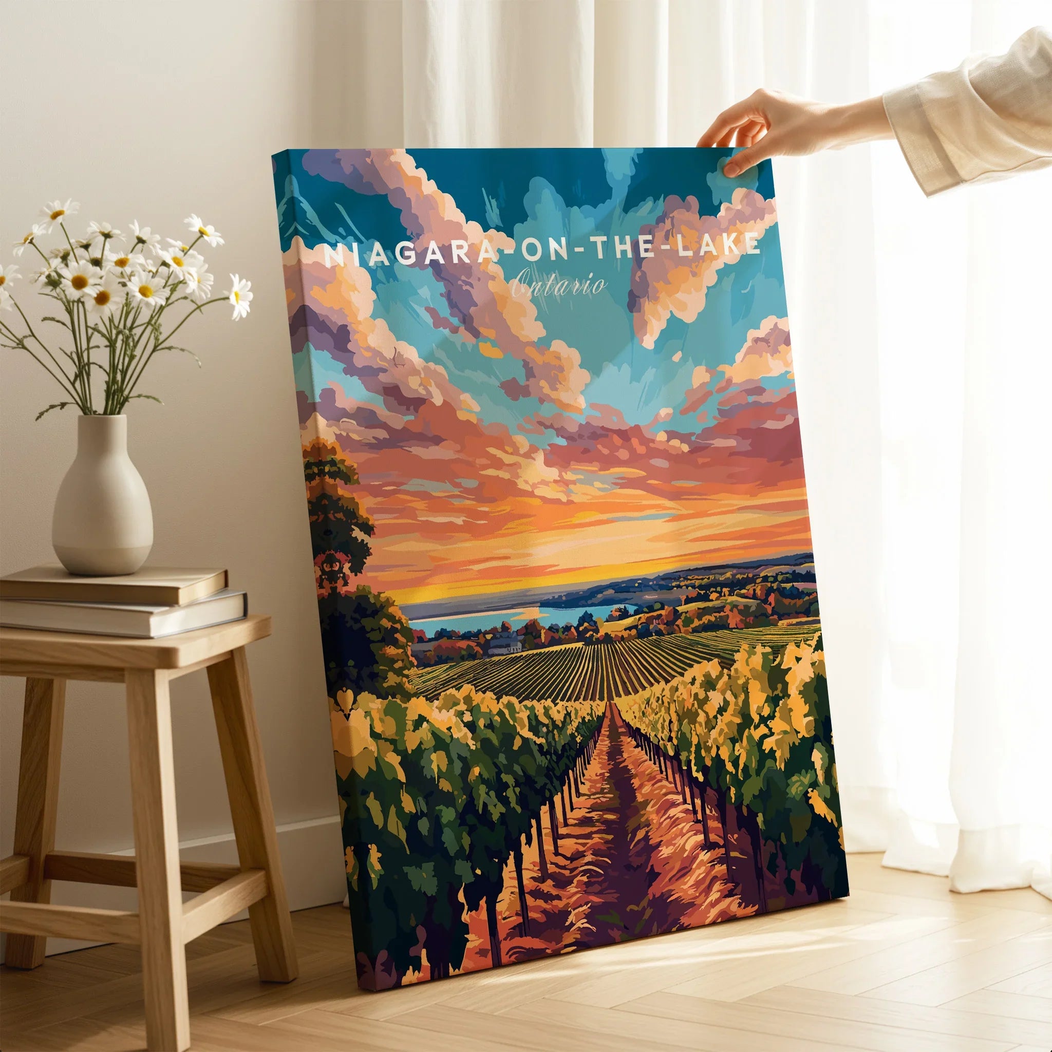 Niagara-on-the-Lake Ontario travel poster with vineyard sunset, wall art for home decor
