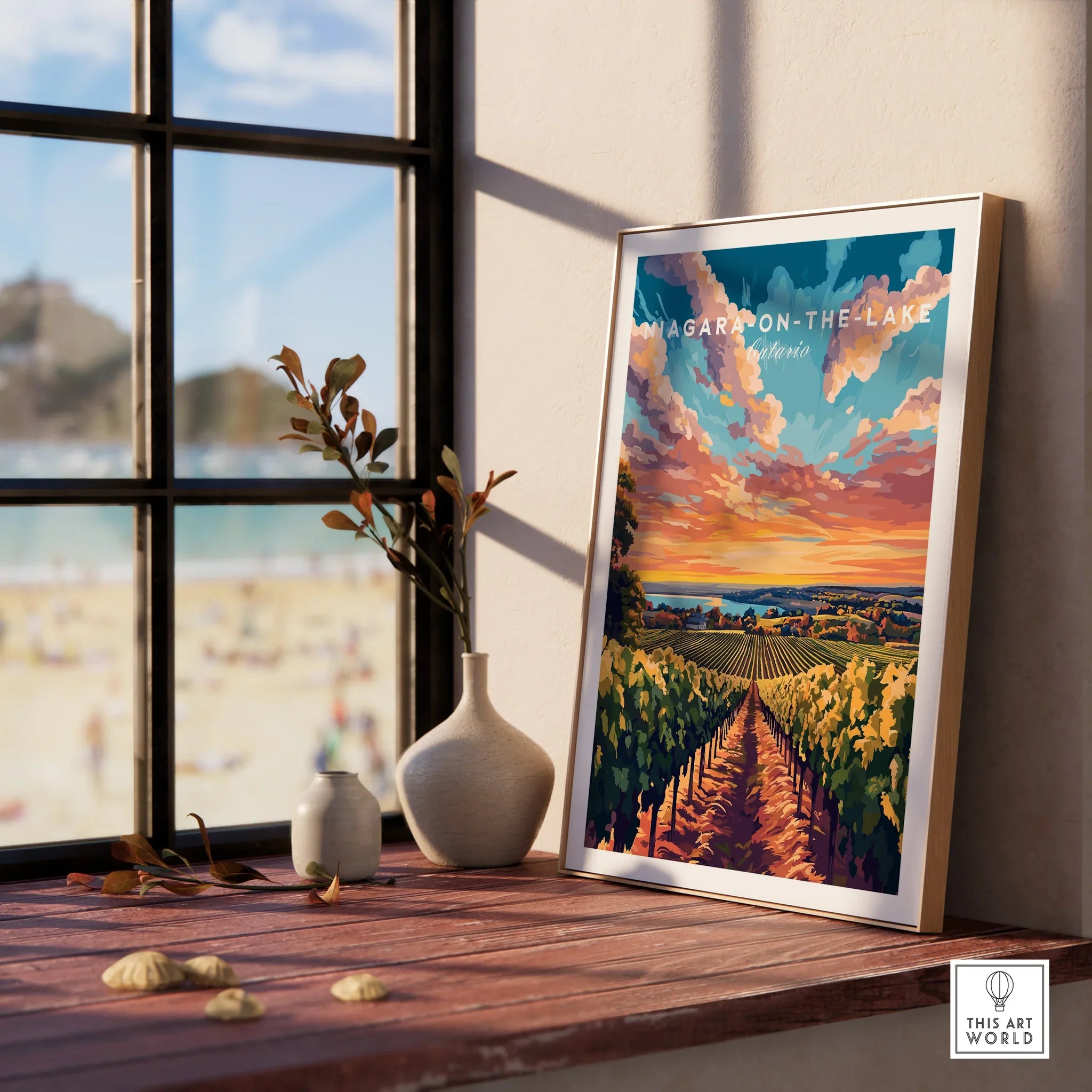 Niagara-on-the-Lake Ontario travel poster with vineyard sunset, framed wall art for home decor