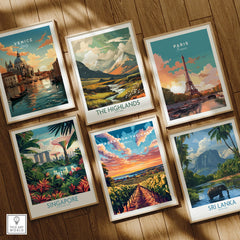 Framed travel posters of Venice, Paris, Highlands, Singapore, Niagara, Sri Lanka for wall art decor