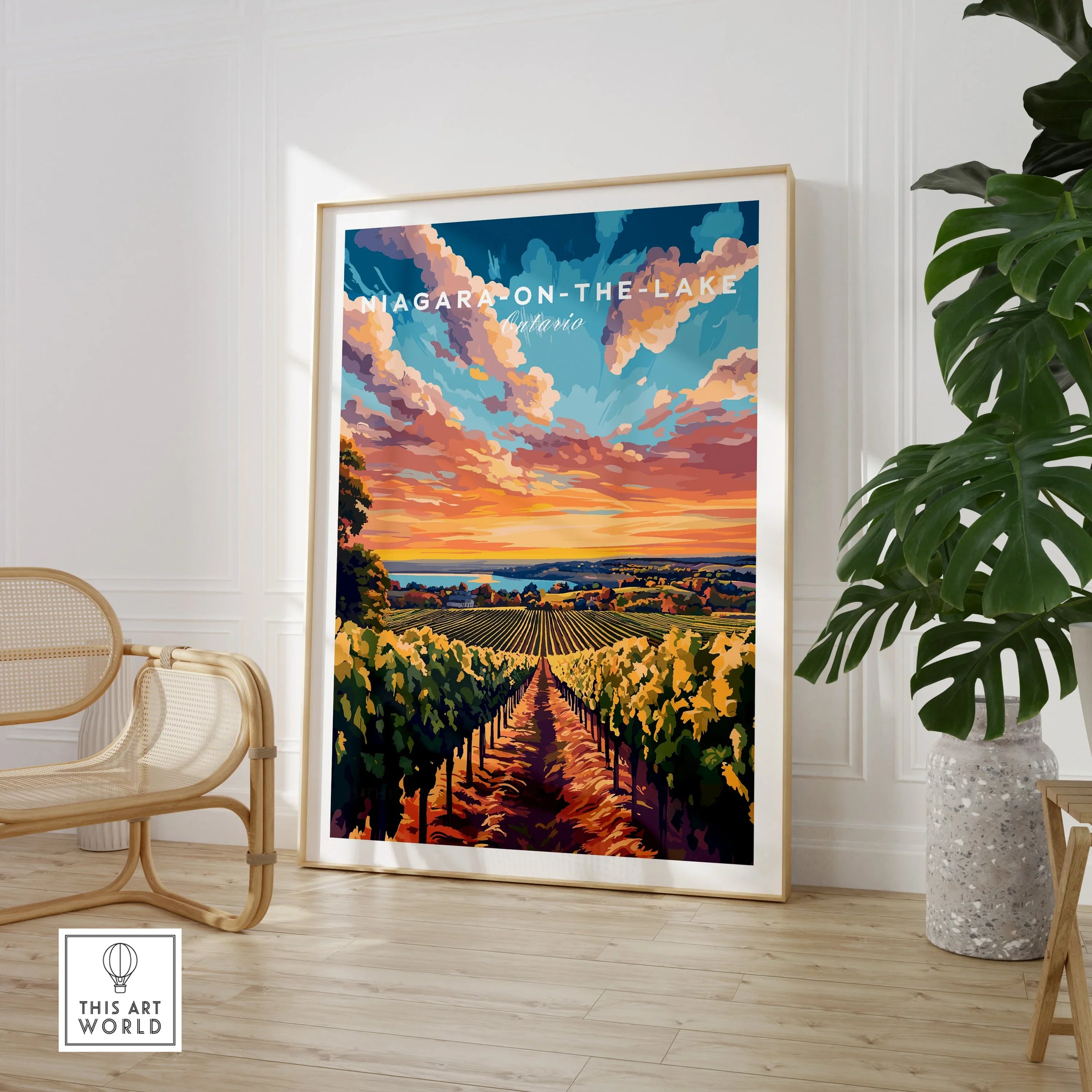 Niagara-on-the-Lake Ontario travel poster with vineyard sunset, framed wall art for home decor