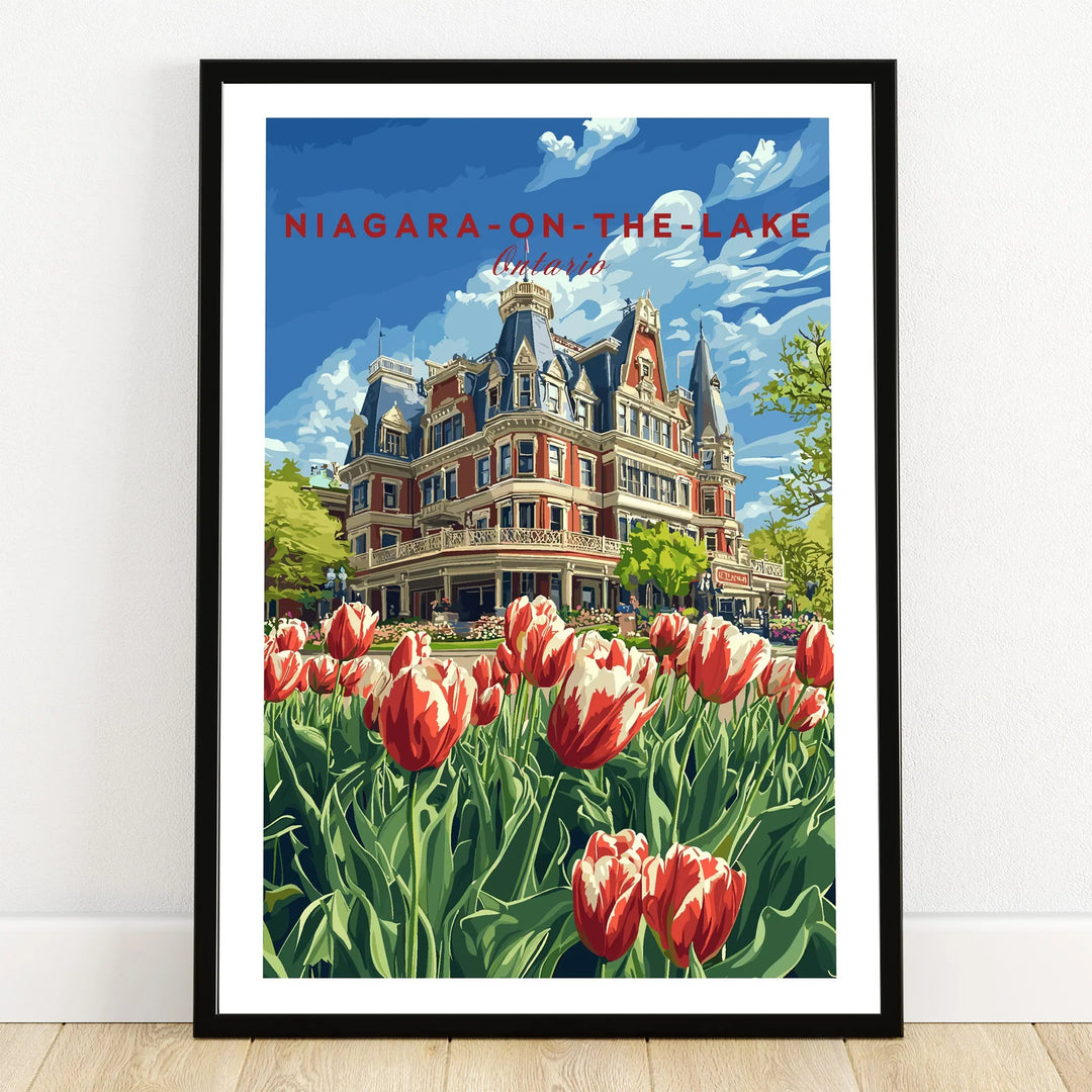 Niagara-on-the-Lake Ontario travel poster with historic hotel and red tulips, perfect wall art for home decor