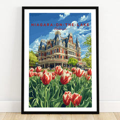 Niagara-on-the-Lake Ontario travel poster with historic hotel and red tulips, perfect wall art for home decor