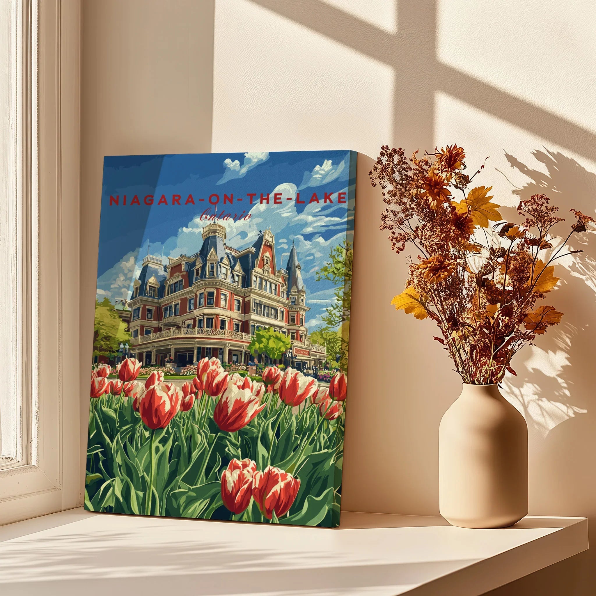 Niagara-on-the-Lake travel poster with tulips, vintage hotel art for home decor