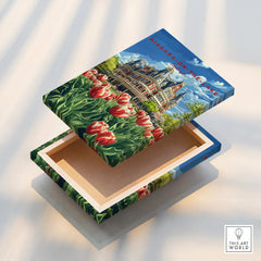 Niagara-on-the-Lake travel poster canvas art with tulips and historic building, perfect wall decor