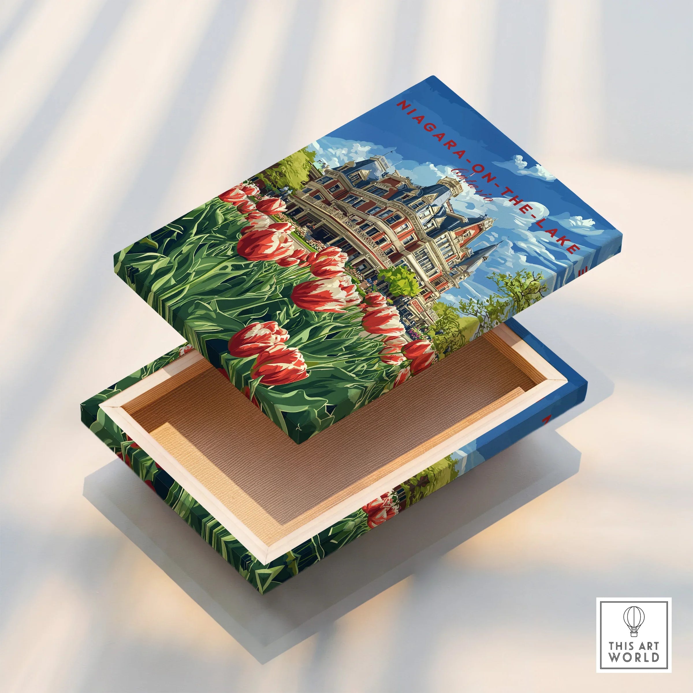 Niagara-on-the-Lake travel poster canvas art with tulips and historic building, perfect wall decor