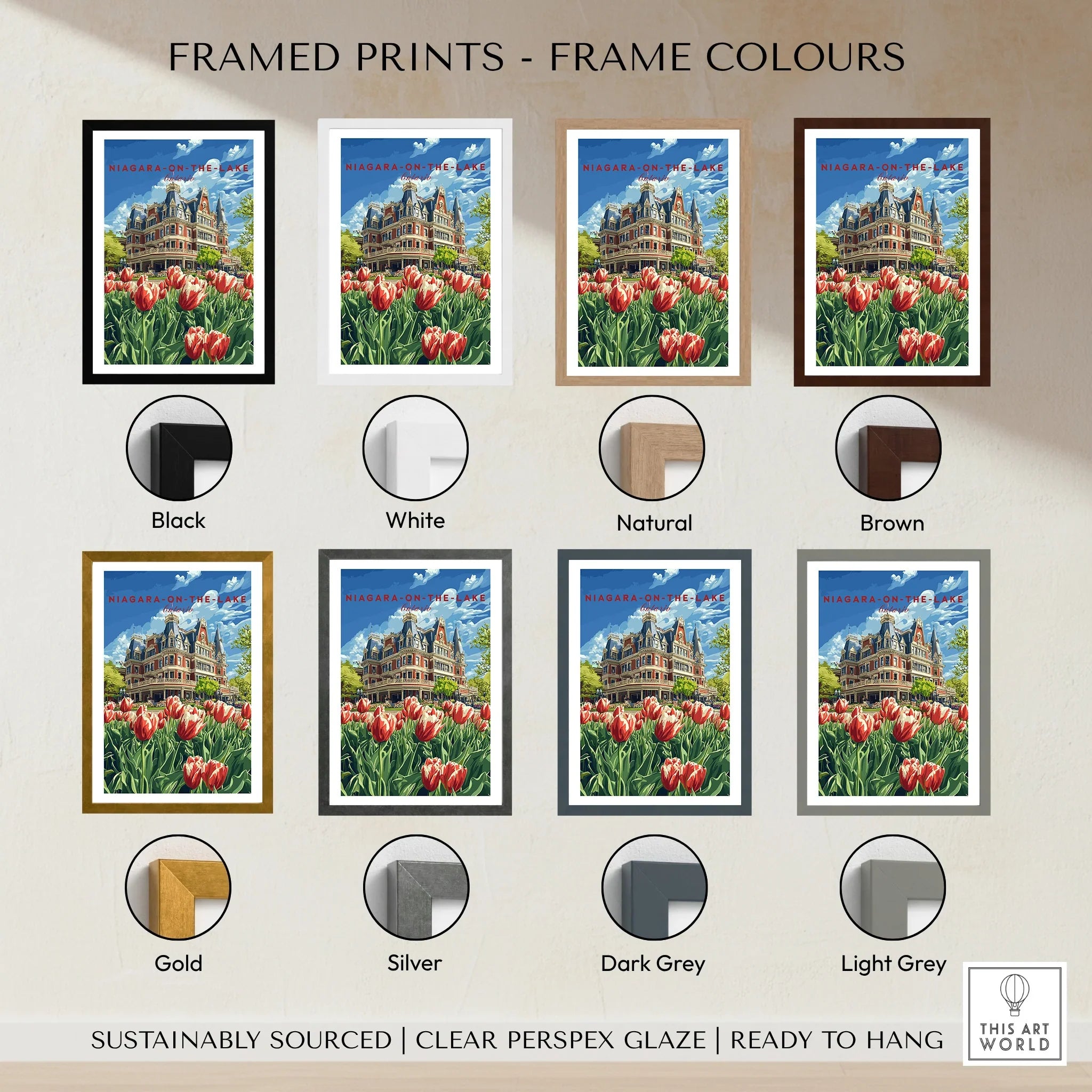 Niagara-on-the-Lake travel poster in 8 frame colors: black, white, natural, brown, gold, silver, dark grey, light grey