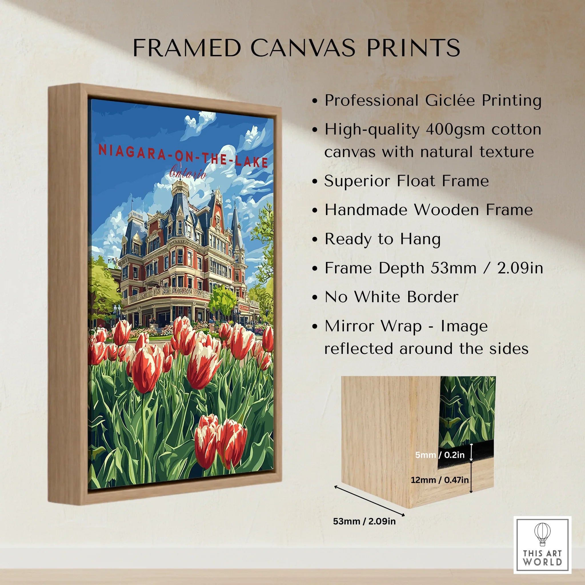 Niagara-on-the-Lake travel poster print with tulips, framed canvas wall art for home decor