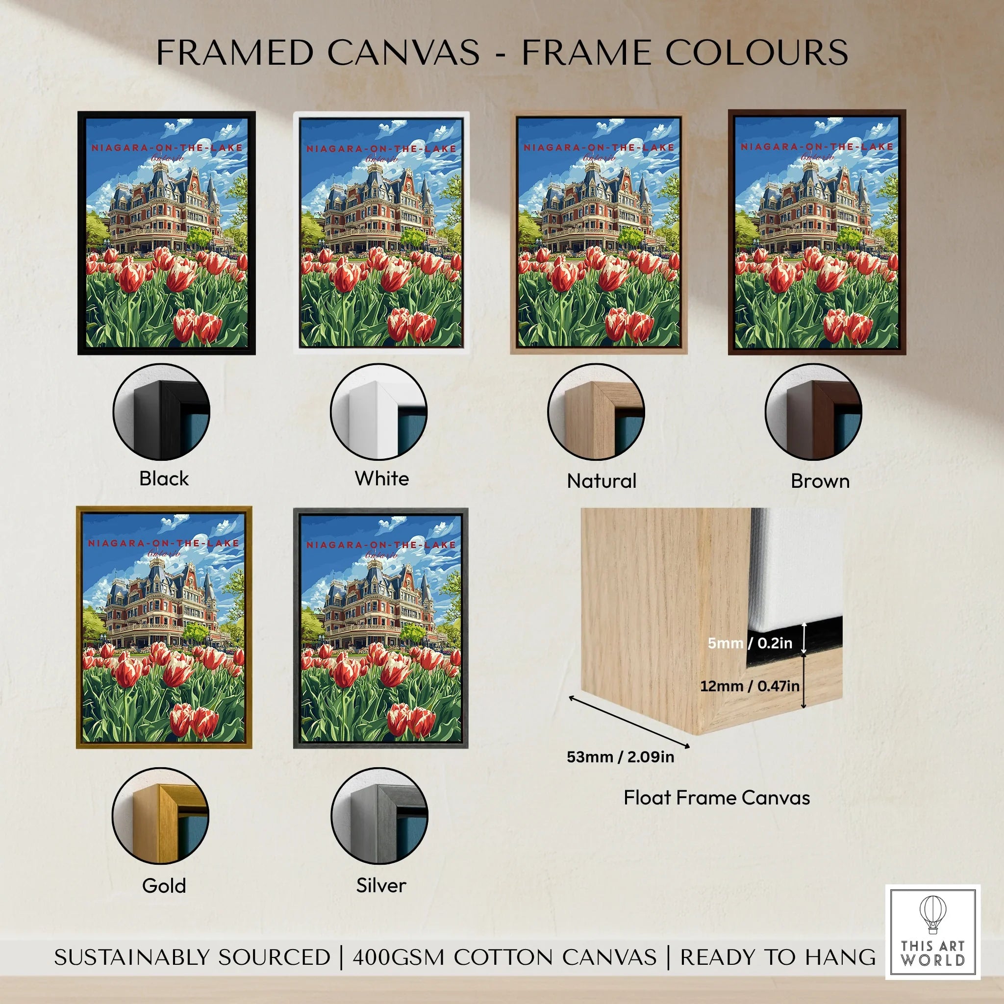 Niagara-on-the-Lake travel poster in black, white, natural, brown, gold, silver frames — float frame canvas wall art