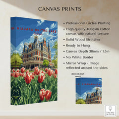 Niagara-on-the-Lake travel poster canvas print with tulips, vintage hotel art, ready to hang wall decor