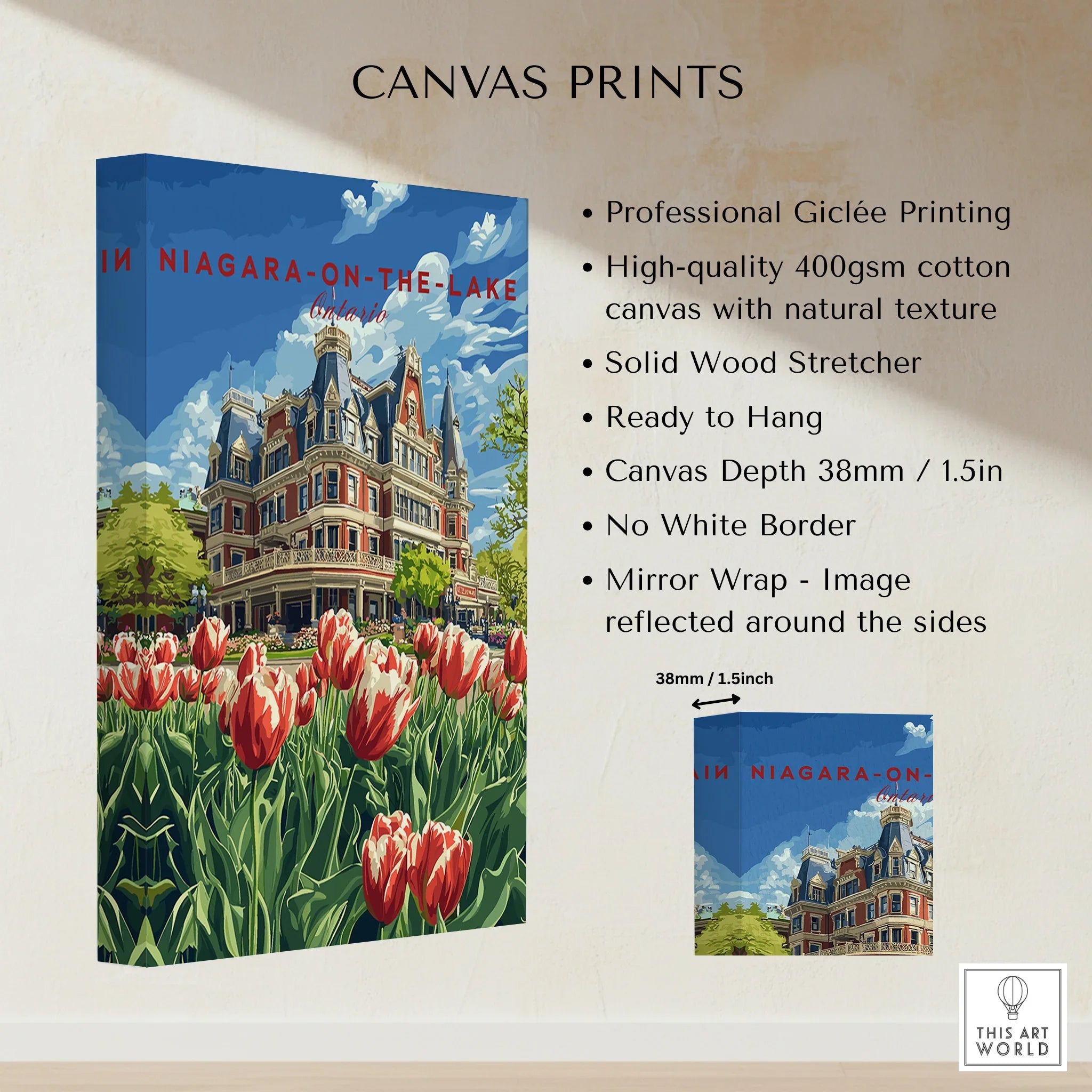 Niagara-on-the-Lake travel poster canvas print with tulips, vintage hotel art, ready to hang wall decor
