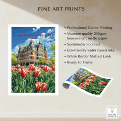 Niagara-on-the-Lake travel poster with historic building and tulips, fine art print ready to frame