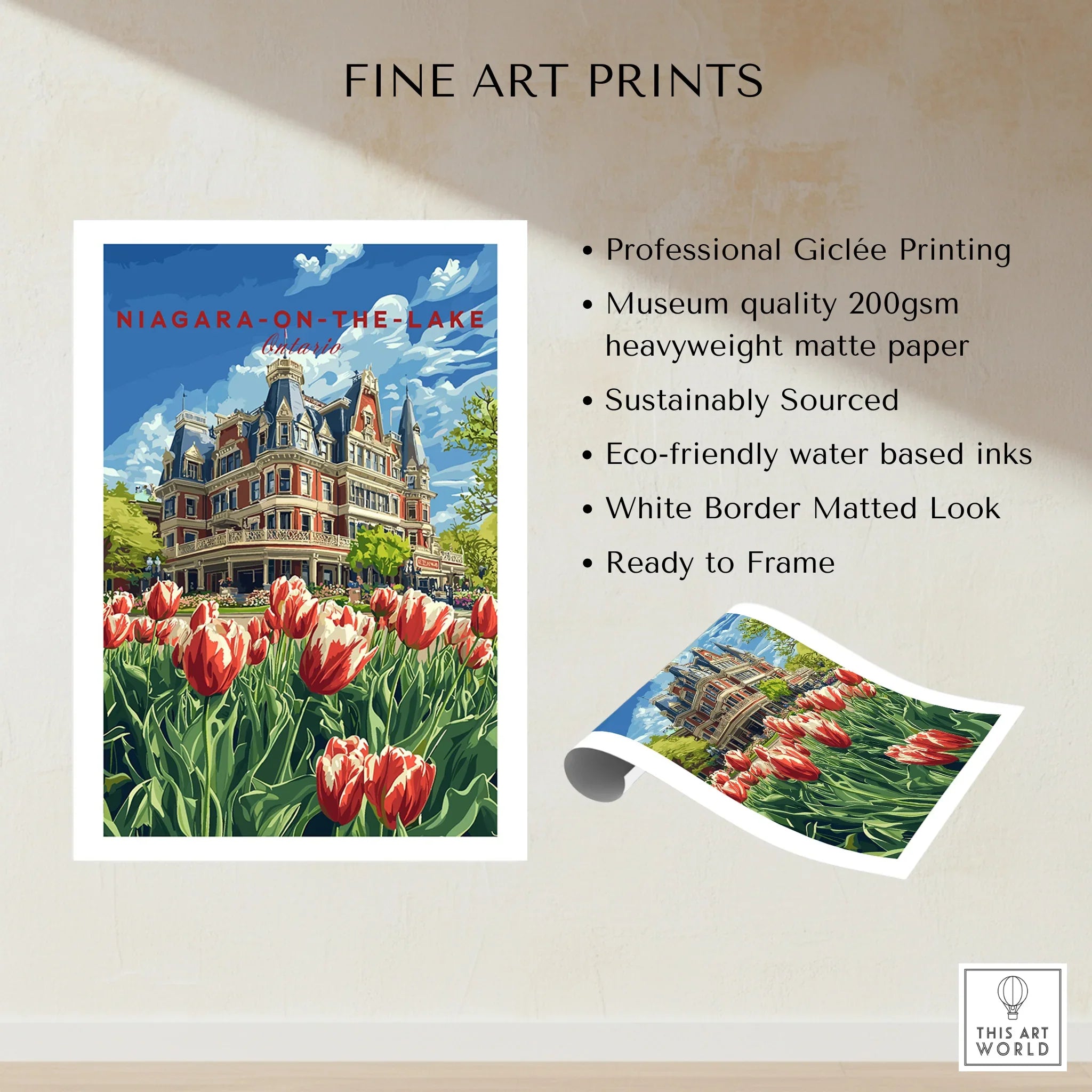 Niagara-on-the-Lake travel poster with historic building and tulips, fine art print ready to frame