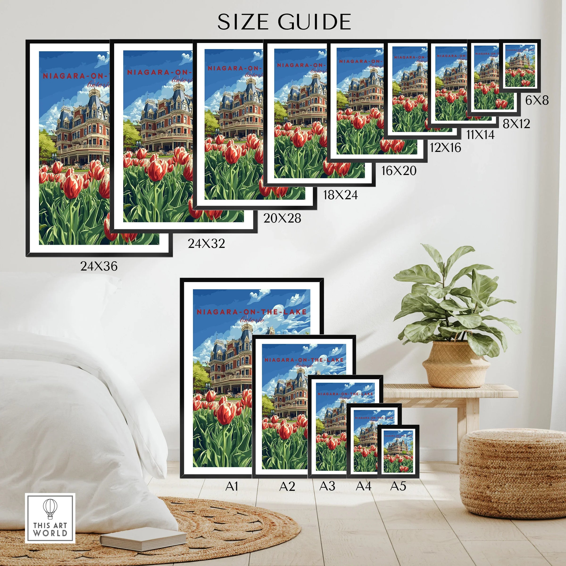 Niagara-on-the-Lake travel poster print in various sizes for wall art decor, featuring historic building and tulips