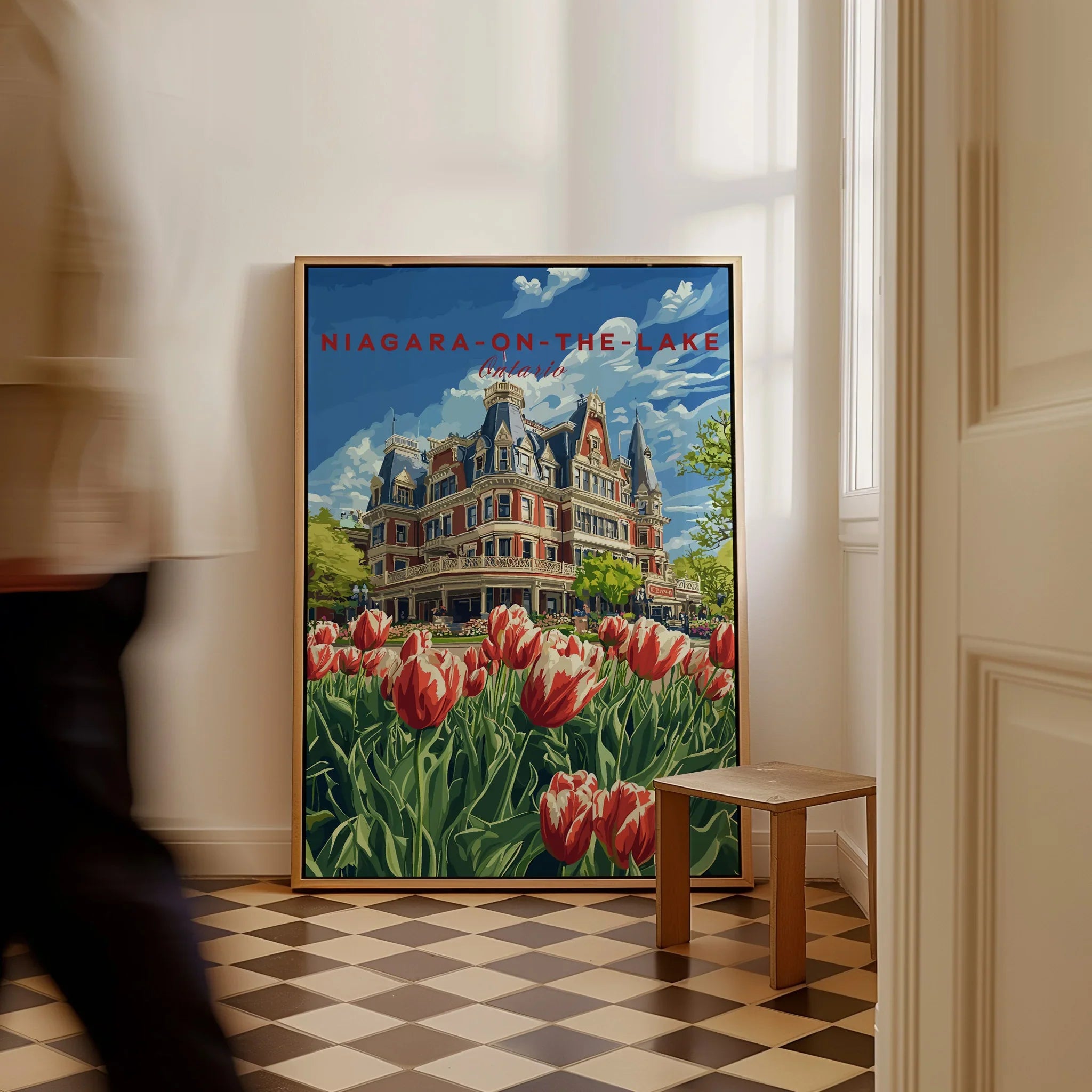 Niagara-on-the-Lake Ontario travel poster with historic hotel and tulips, perfect wall art for home decor