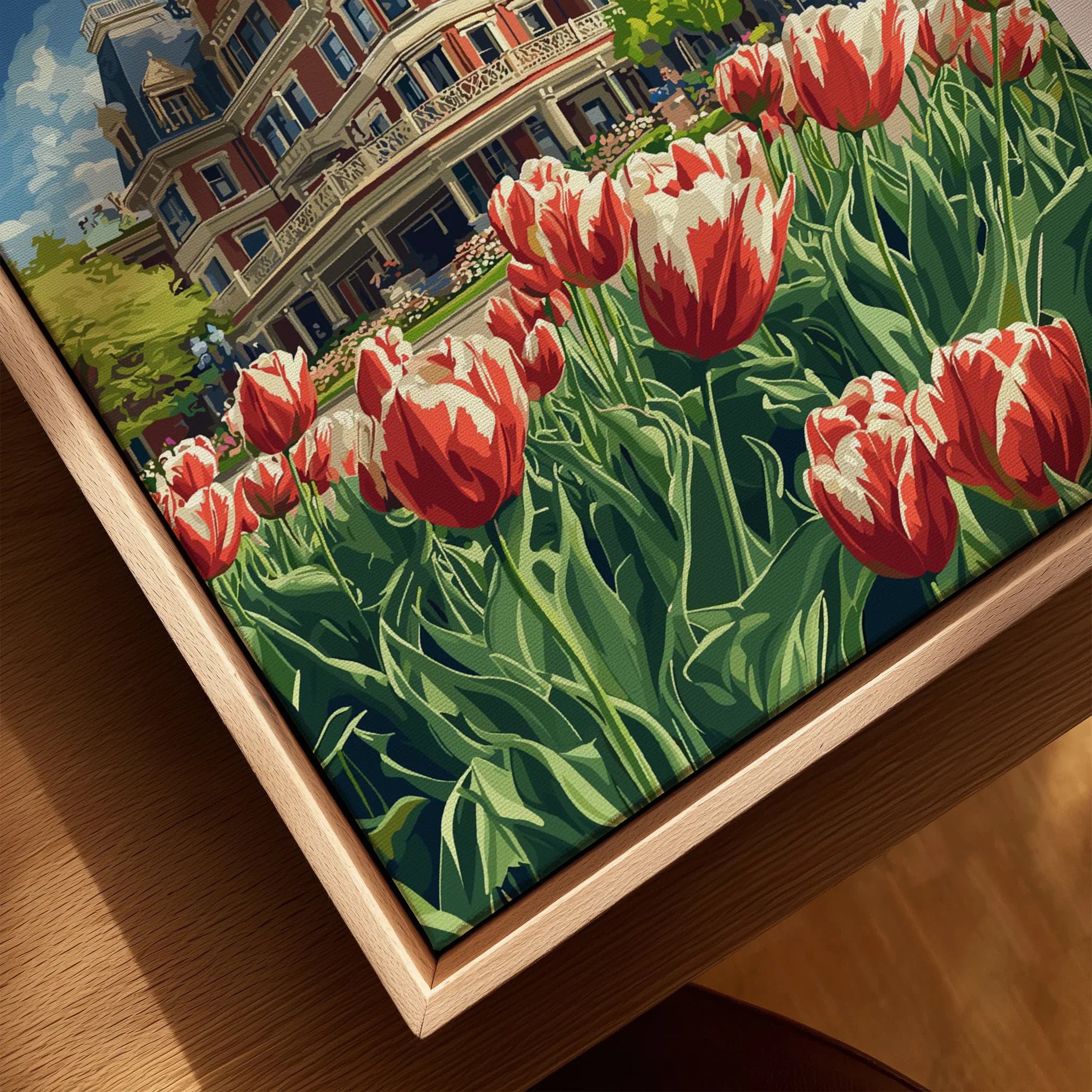 Framed wall art print of red and white tulips in front of a historic building, perfect for home decor.