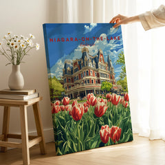 Niagara-on-the-Lake Ontario travel poster with historic building and tulips, perfect wall art for home decor
