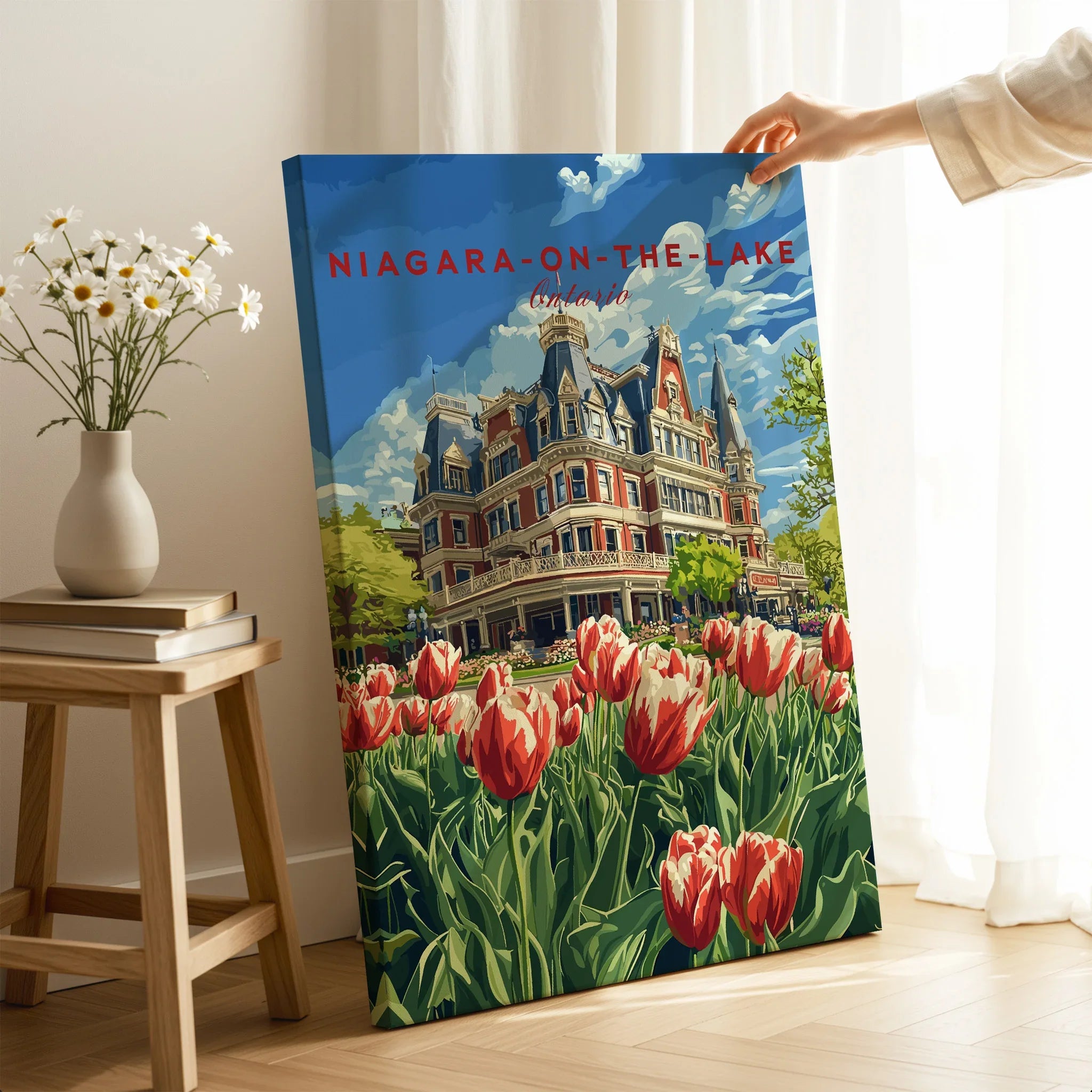 Niagara-on-the-Lake Ontario travel poster with historic building and tulips, perfect wall art for home decor