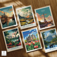 Framed travel posters of Venice, Paris, Highlands, Singapore, Niagara, Sri Lanka for wall art decor