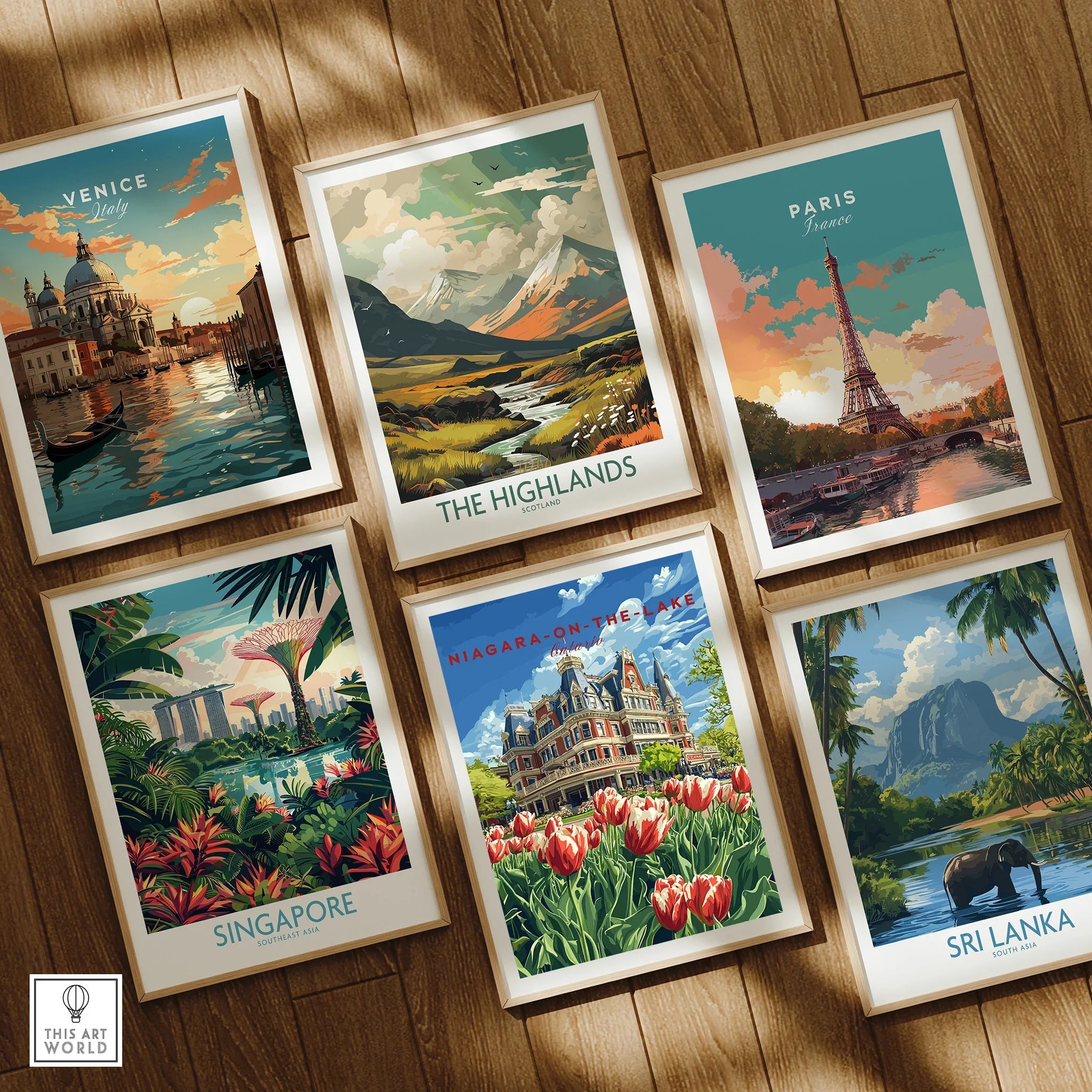Framed travel posters of Venice, Paris, Highlands, Singapore, Niagara, Sri Lanka for wall art decor