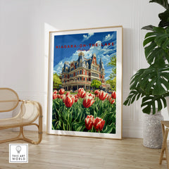 Niagara-on-the-Lake travel poster with historic hotel and tulips, perfect wall art for home decor