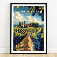 Niagara-on-the-Lake Ontario vineyard travel poster with grape clusters and winery, perfect wall art decor