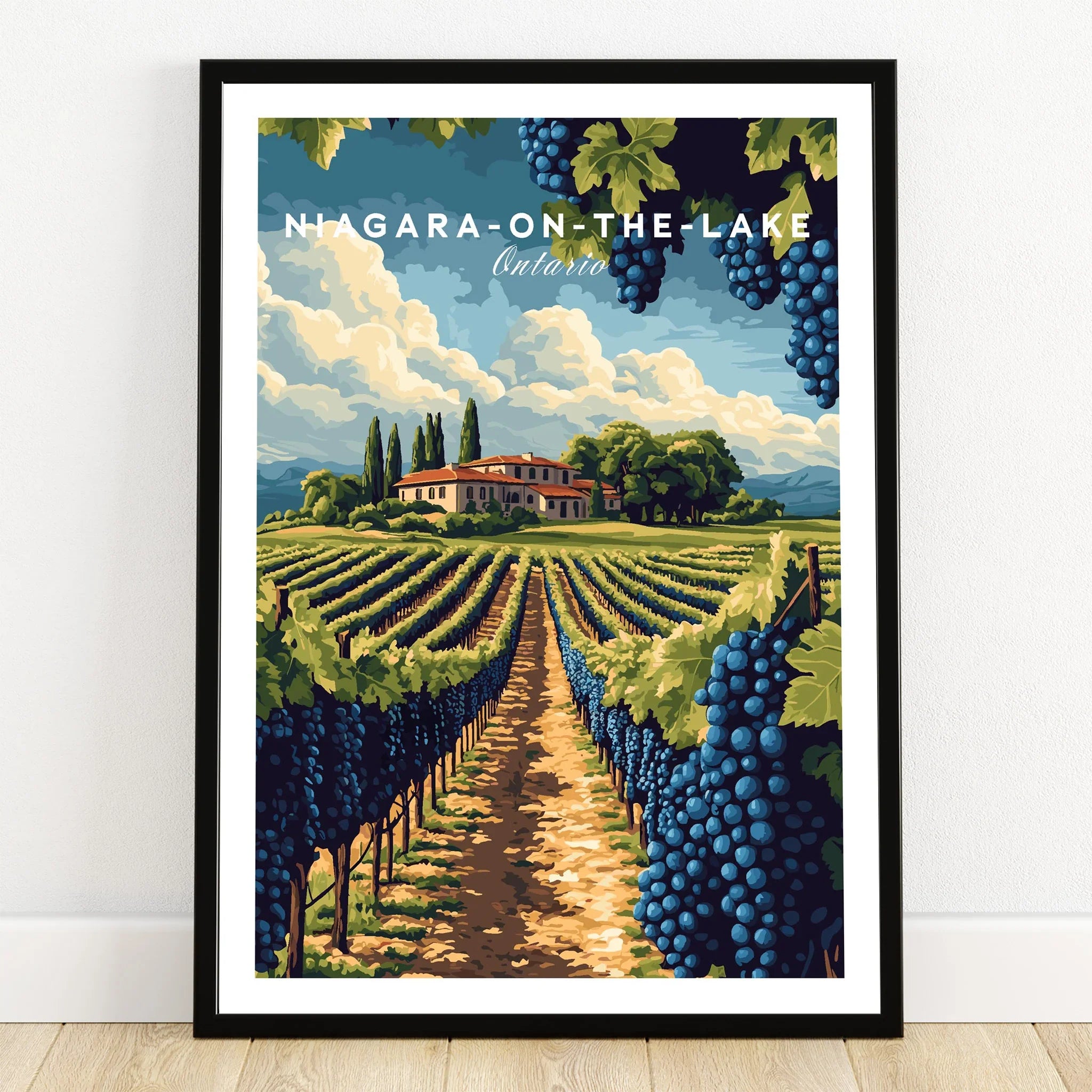 Niagara-on-the-Lake Ontario vineyard travel poster with grape clusters and winery, perfect wall art decor
