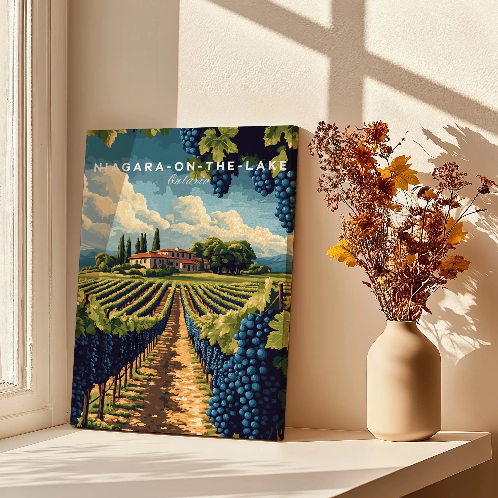 Niagara-on-the-Lake vineyard travel poster with grape clusters, perfect for home wall art decor