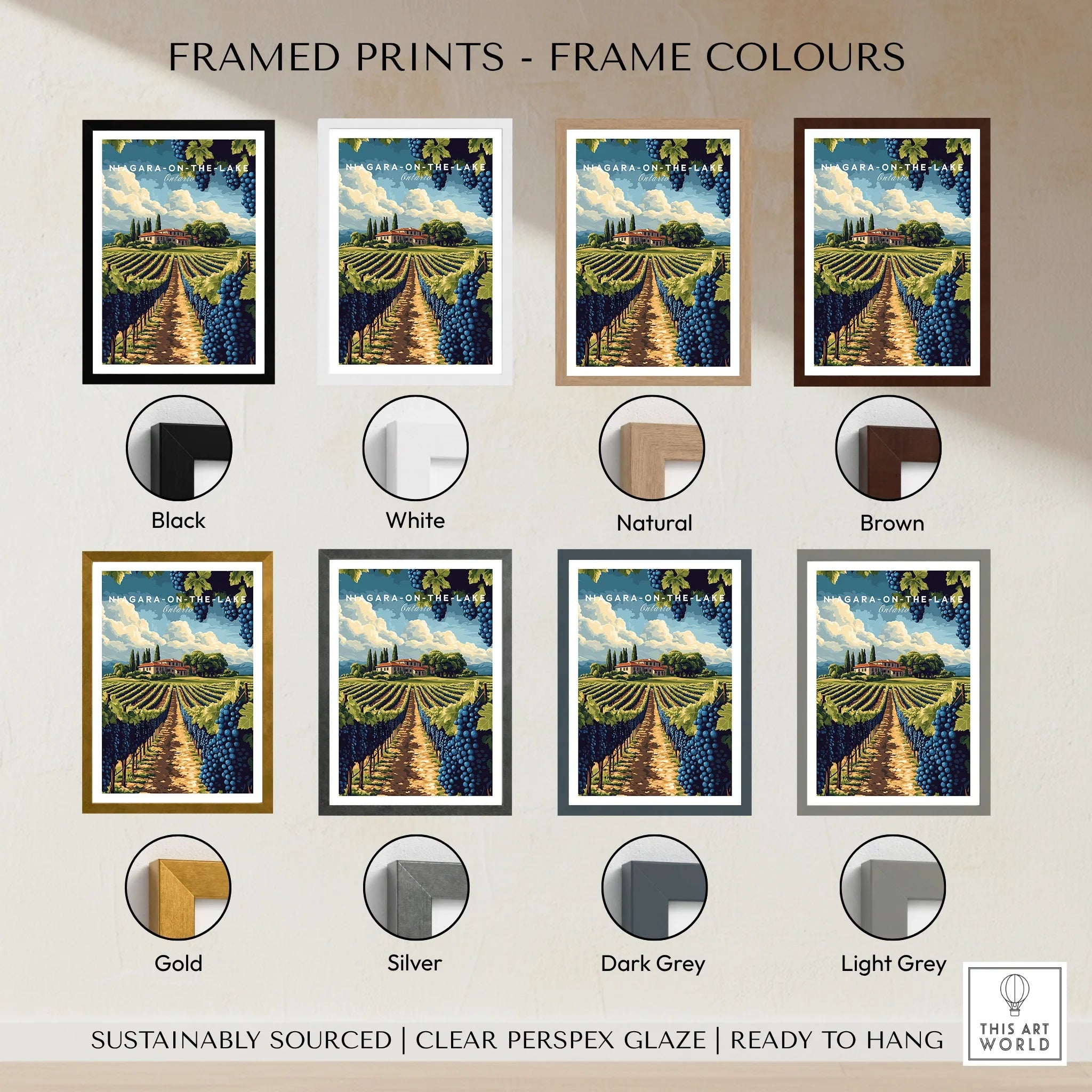 Niagara-on-the-Lake vineyard travel poster in 8 frame colors, ready to hang wall art