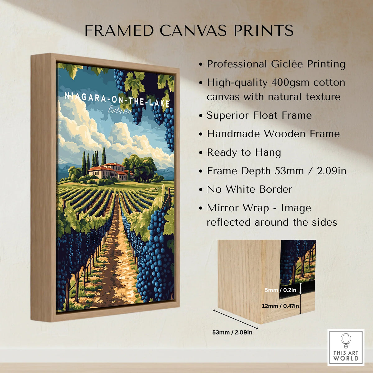 Niagara-on-the-Lake vineyard travel poster in wooden float frame, ready to hang wall art