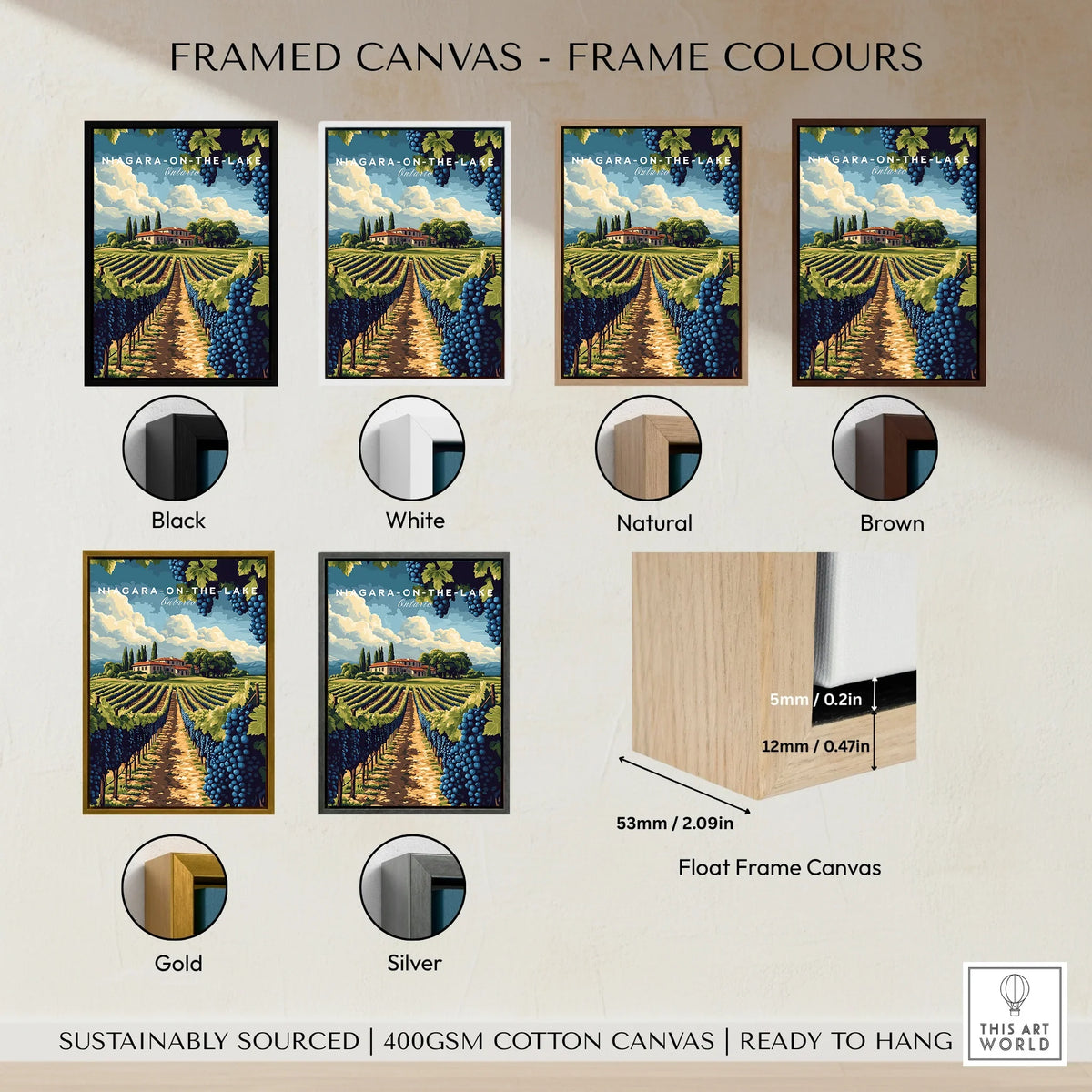 Niagara-on-the-Lake vineyard art print in black, white, natural, brown, gold, silver frames – ready to hang