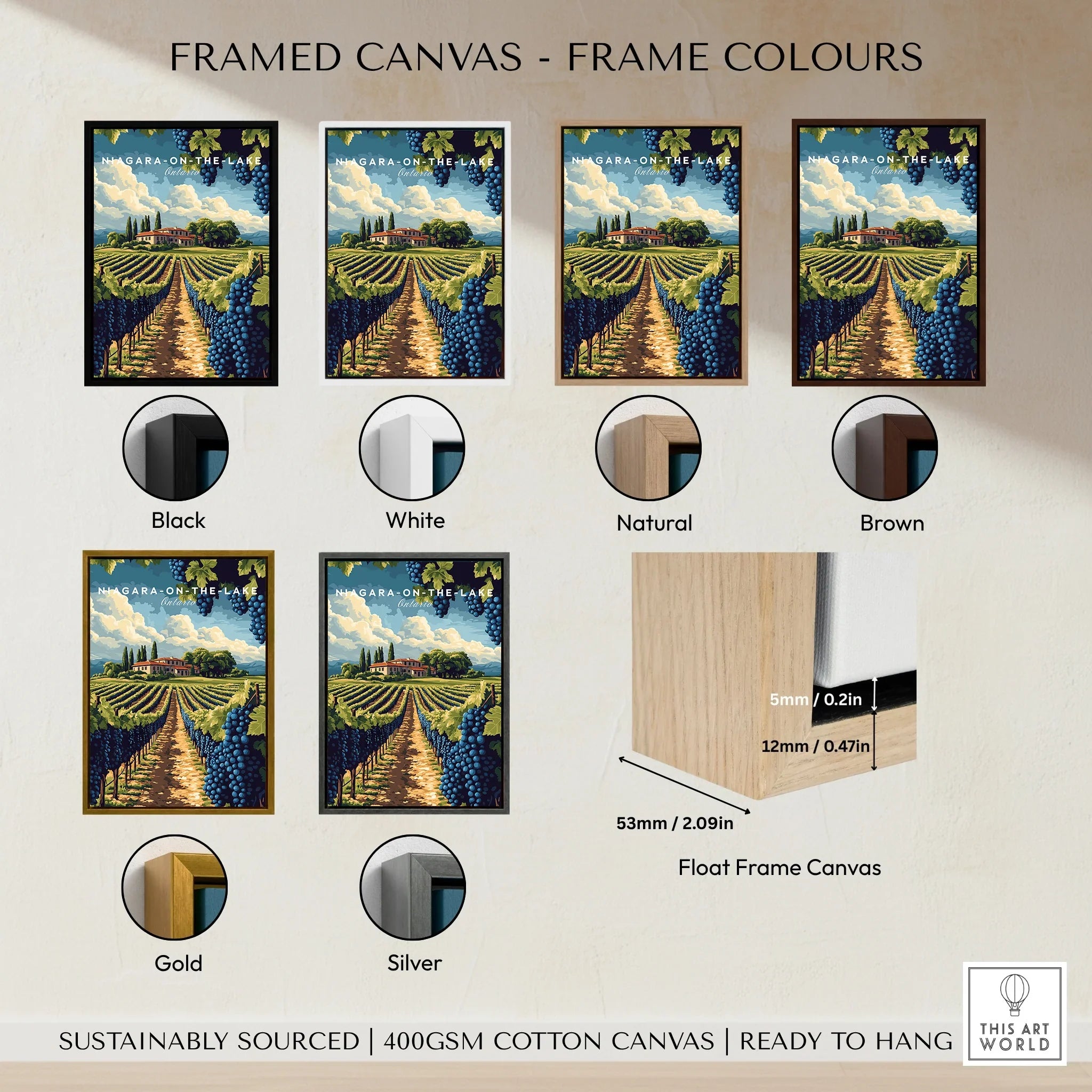 Niagara-on-the-Lake vineyard art print in black, white, natural, brown, gold, silver frames – ready to hang