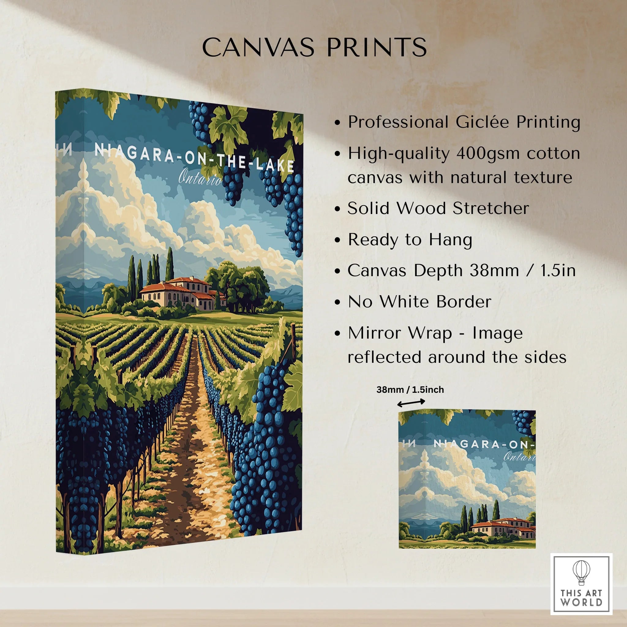 Niagara-on-the-Lake vineyard canvas print, travel poster art with winery scene, ready to hang wall decor