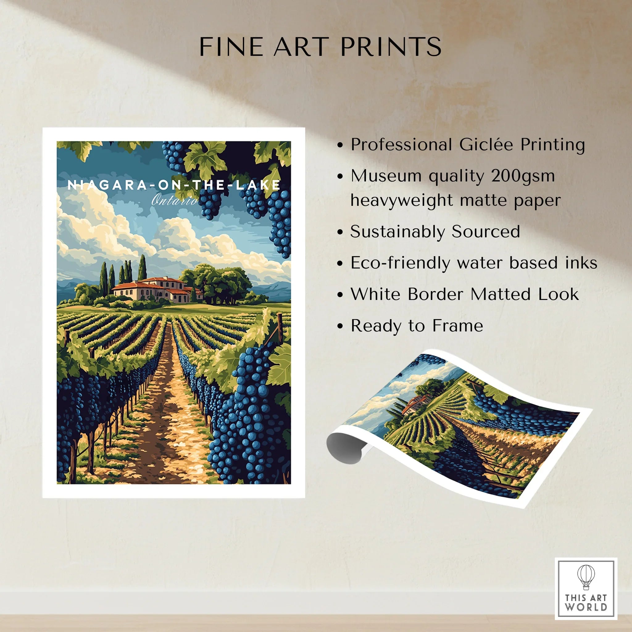 Niagara-on-the-Lake vineyard travel poster art print with white border, ready to frame