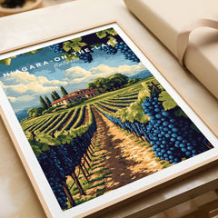 Niagara-on-the-Lake Ontario travel poster featuring vineyard rows, grape clusters, and rustic winery under cloudy sky