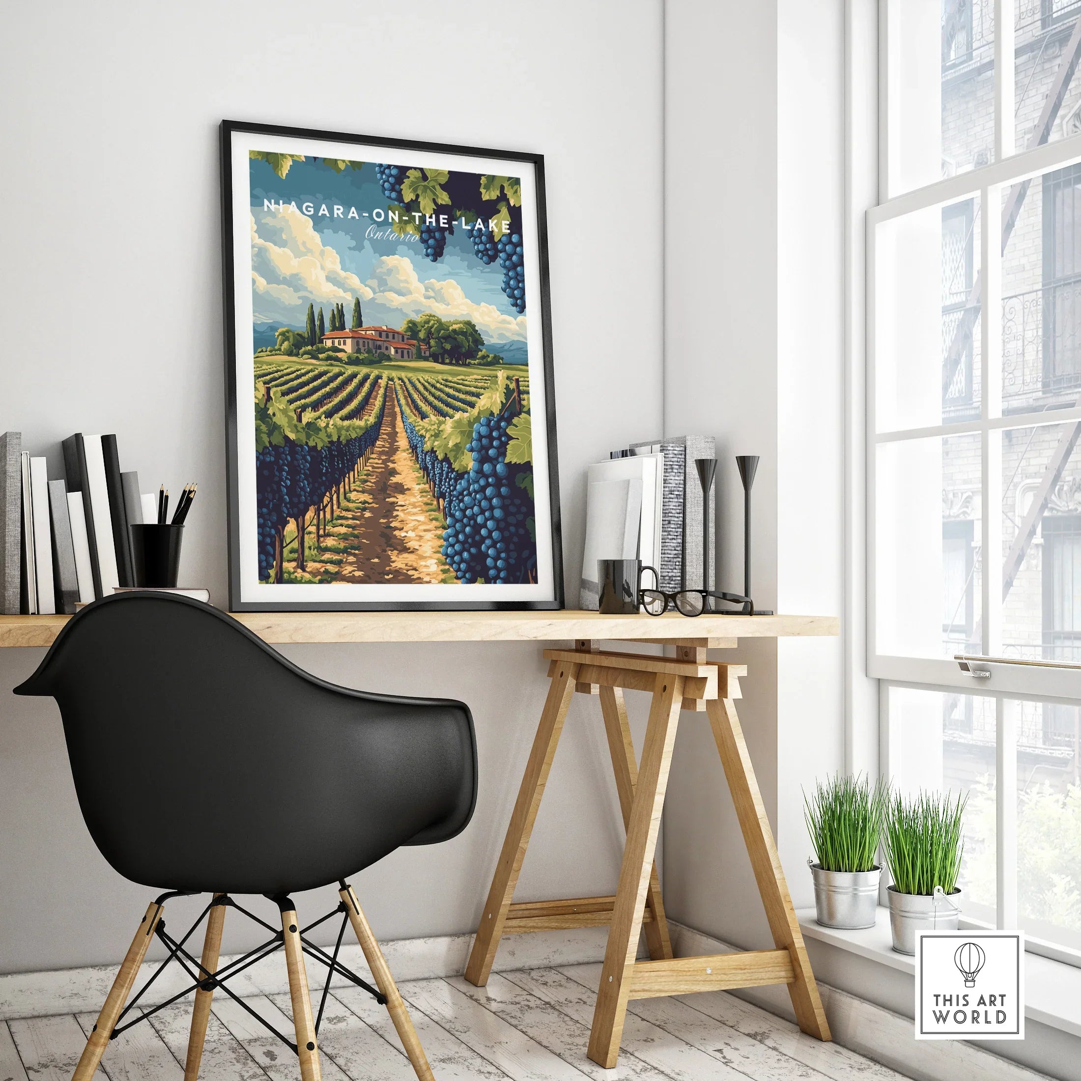 Niagara-on-the-Lake travel poster with vineyard art, framed wall decor for home office