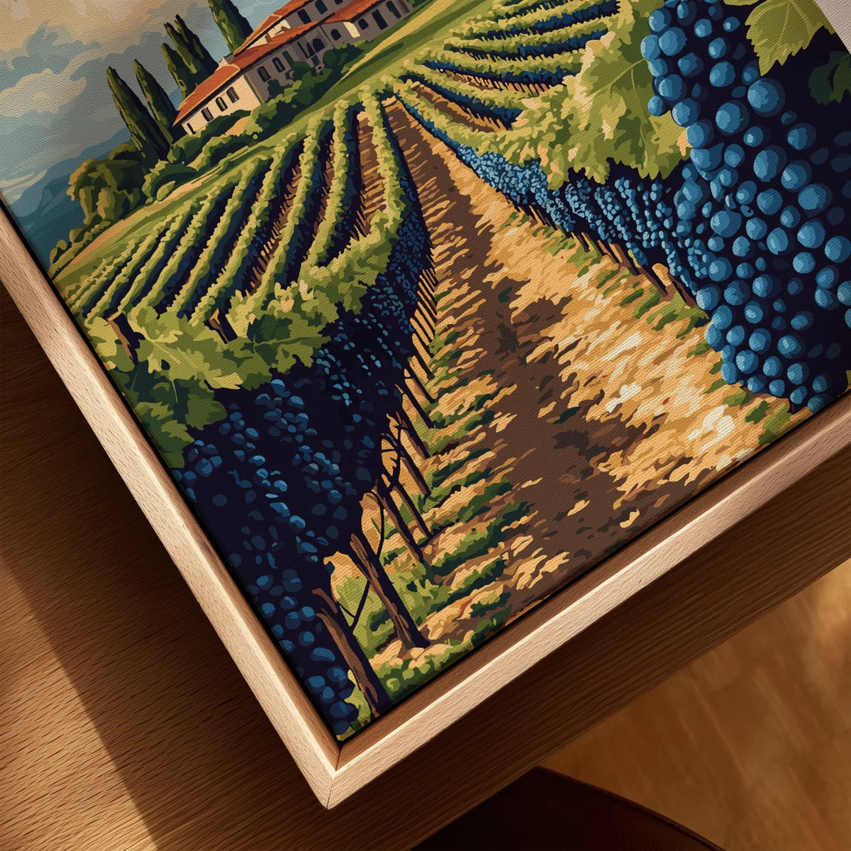 Vineyard landscape wall art with grape clusters and rustic farmhouse, ideal for home decor