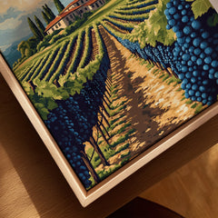 Vineyard landscape wall art with grape clusters and rustic farmhouse, ideal for home decor