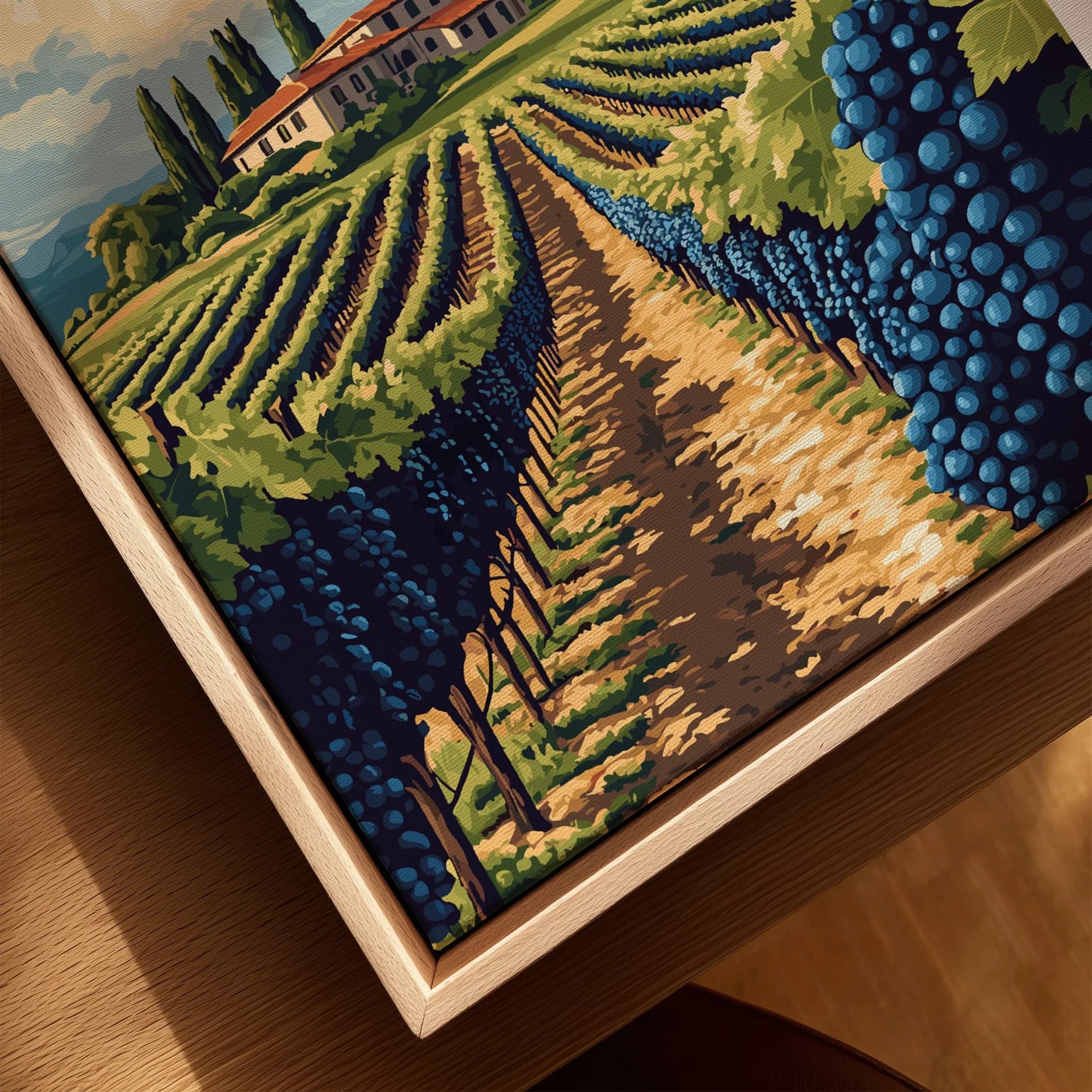 Vineyard landscape wall art with grape clusters and rustic farmhouse, ideal for home decor