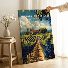 Niagara-on-the-Lake Ontario vineyard travel poster wall art with grape clusters and countryside scenery
