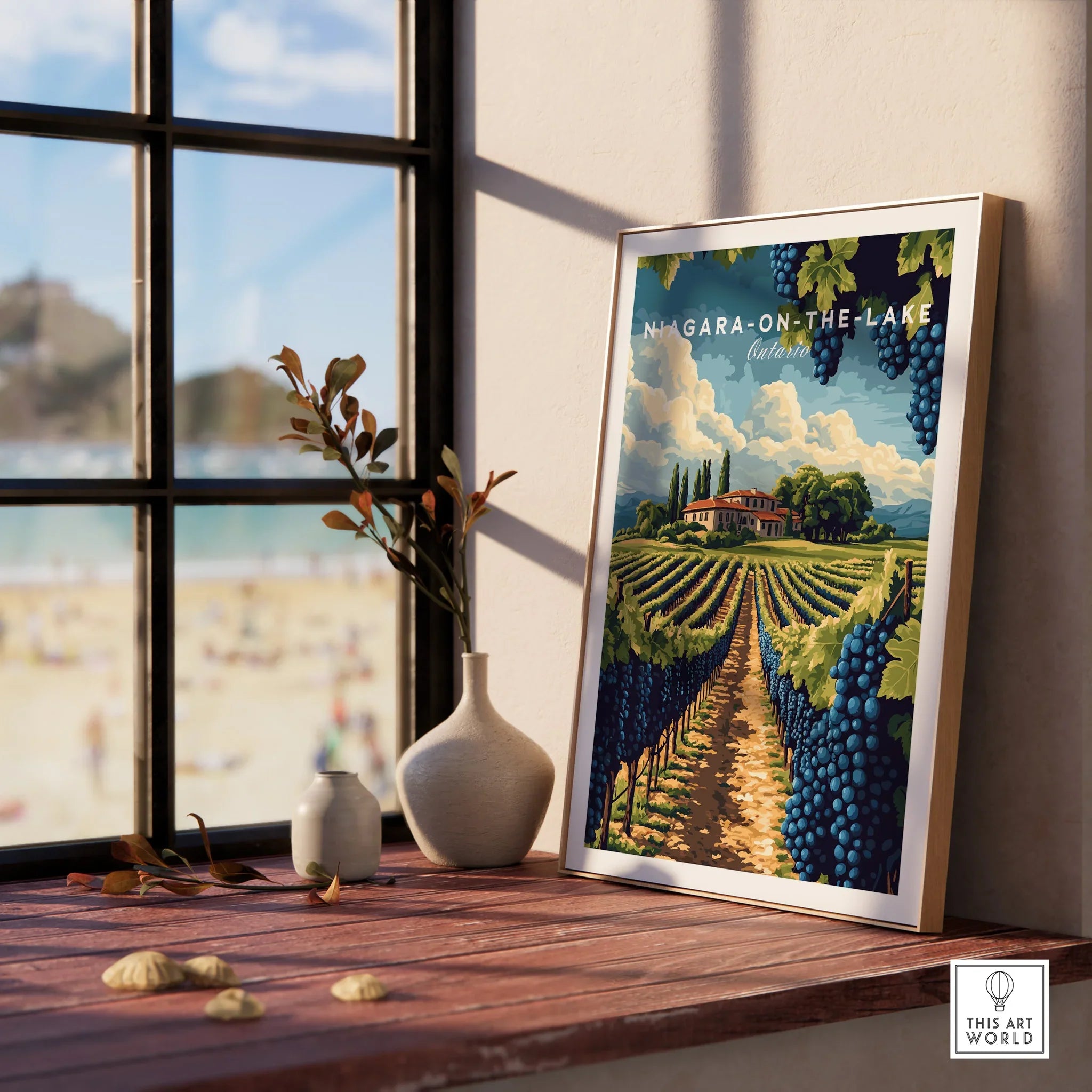 Niagara-on-the-Lake Ontario travel poster with vineyard art, perfect for home wall decor